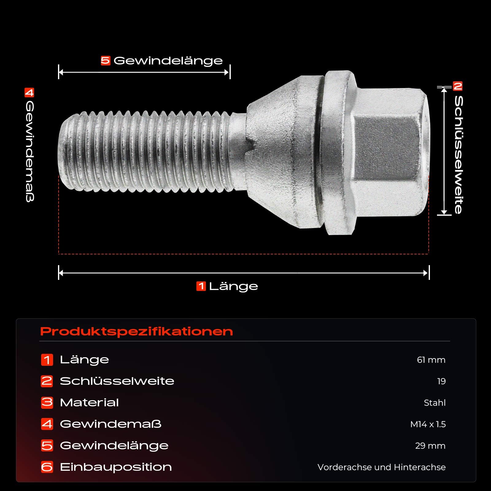 Frankberg 20x Radbolzen Radschraube 31423735 | Kompatibel mit XC60 II 246, S80 II 124, V60 II 225 227, V70 II 285, XC60 156, V60 I Cross Country 157, S60 I 384