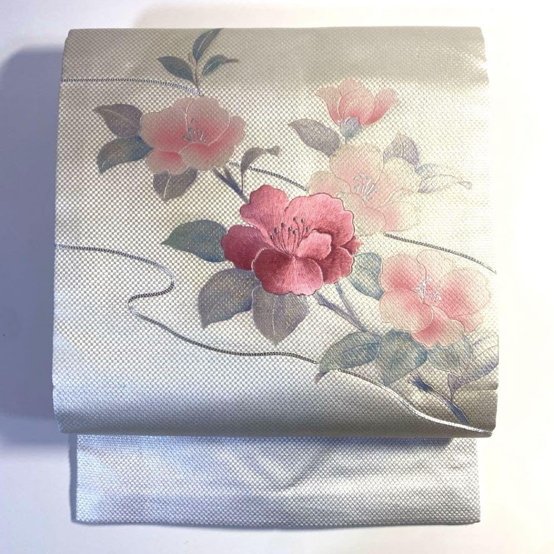 5k2427 名古屋帯　絹　蘇州刺繍　ピンク　銀色　白　花柄　和装　着物 Amazon.co.jp: 名古屋帯 絹 蘇州刺繍 駒刺繍 銀色 ピンク 緑 花