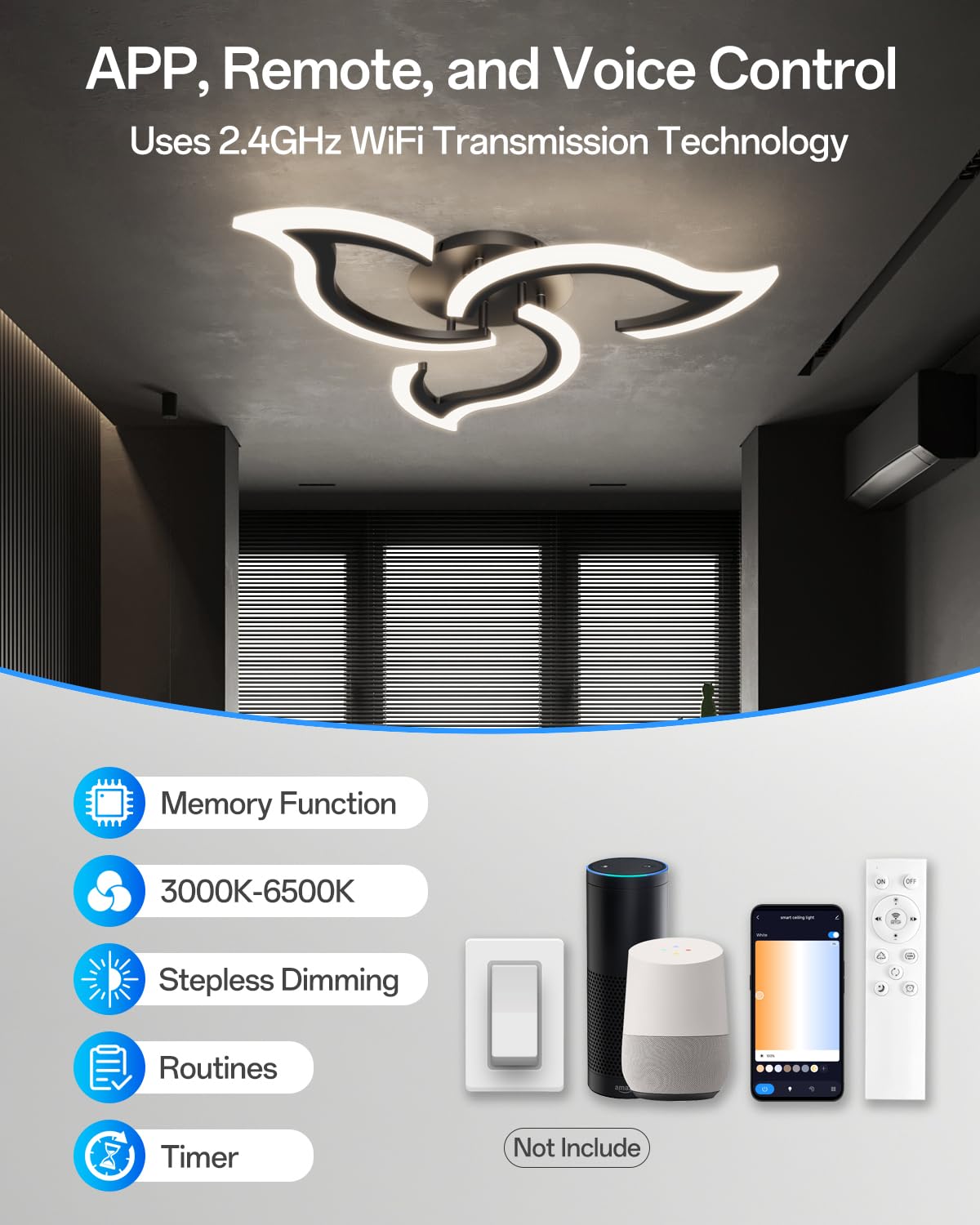 Lámpara de Techo LED Inteligente WiFi, Diseño Moderno en Forma de Flor (67cm), Luz Regulable en Intensidad y Color (3000K-6500K), Compatible con Alexa y Google Home, con Mando, Negro