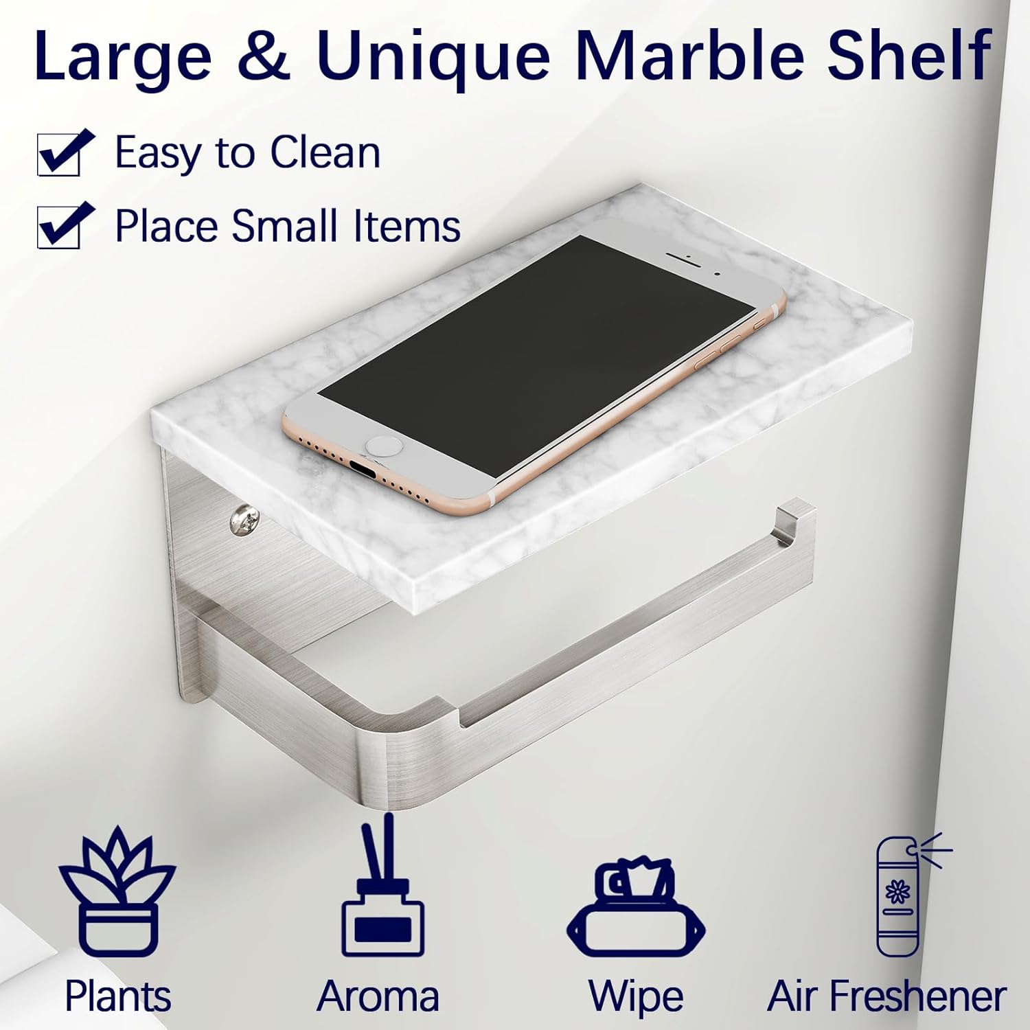 Brushed Nickel Toilet Paper Holder with Marble Shelf