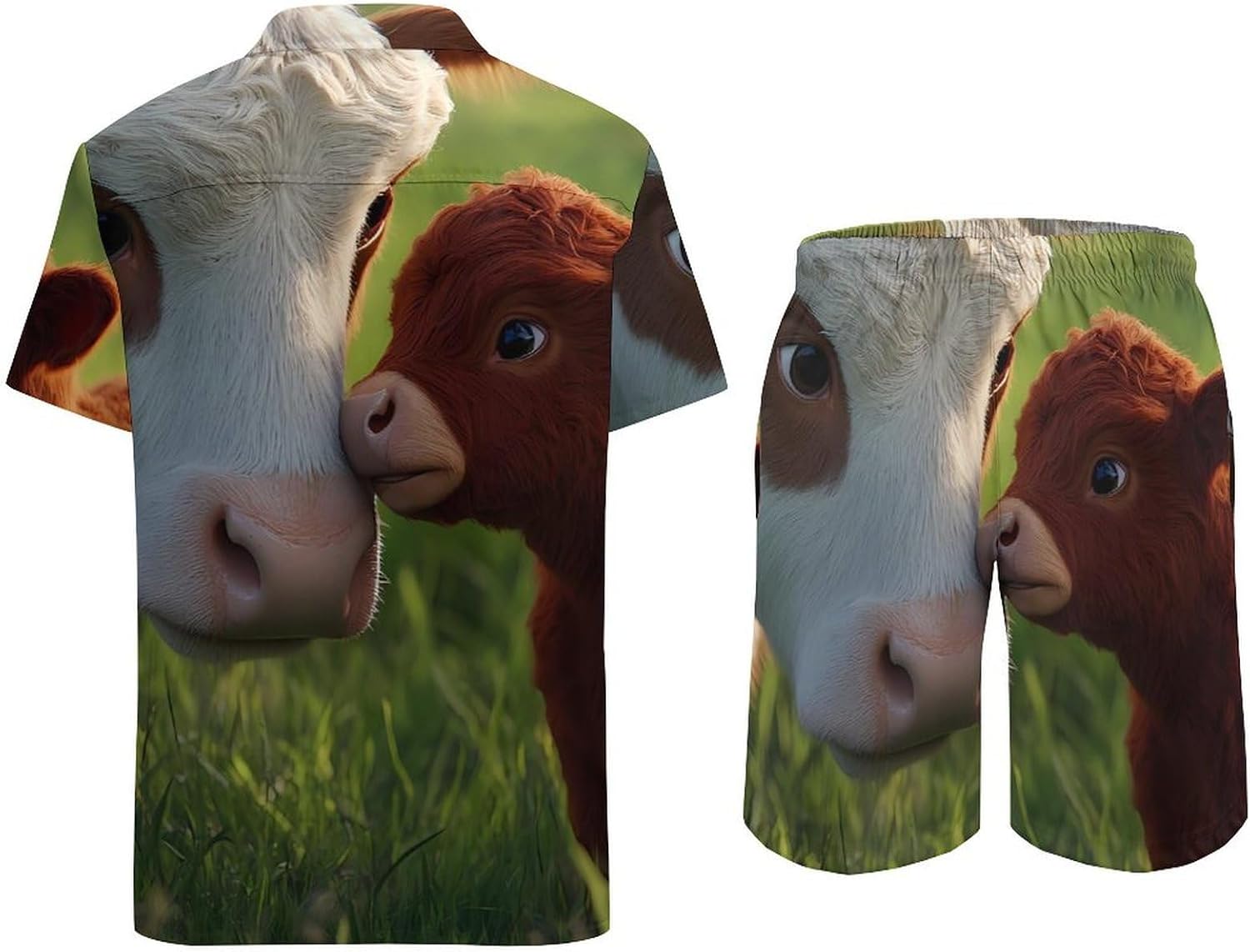 Cows Calfs on The Grass Men's Summer Beach 2 Piece Outfits | hawaiian button down shirt and shorts,vacation cruise,mens bathing suit