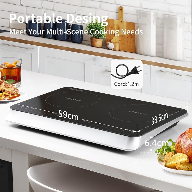 COOKTRON Dupla Indukciós Főzőlap 3500W, 10 Hőfok, 9 Teljesítményszint, Booster Funkció