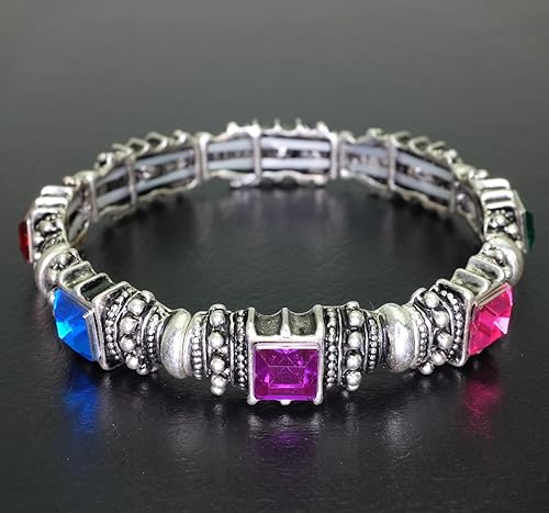 Miniatura 4 de Falari Pulsera elástica de plata antigua de cristal acrílico vintage