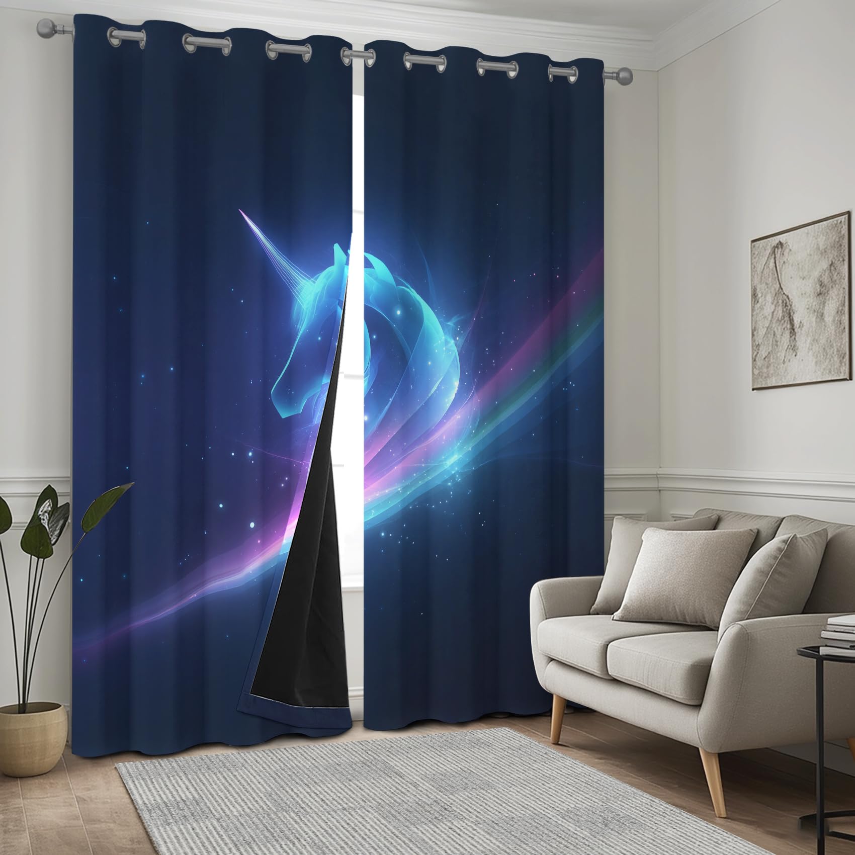Rideau Occultant Licorne, Animaux Fantaisie Enfants Rideau Thermique Tenture Opaque à Oeillets, Galaxie Ciel Étoilé Rideaux Decoration Chambre Maison Salon Intérieurs, 117x183cm, 2 Pièces