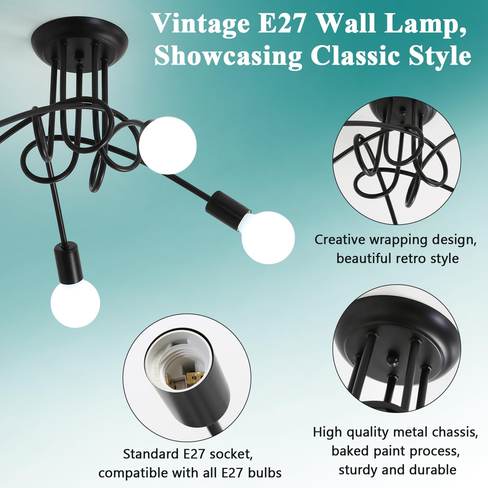 Comely Lampa sufitowa w stylu vintage, industrialny żyrandol Sputnik, 4-punktowy, E27, czarna, metalowa lampa sufitowa do sypialni, salonu, kuchni, regulowany kształt, średnica 60 cm