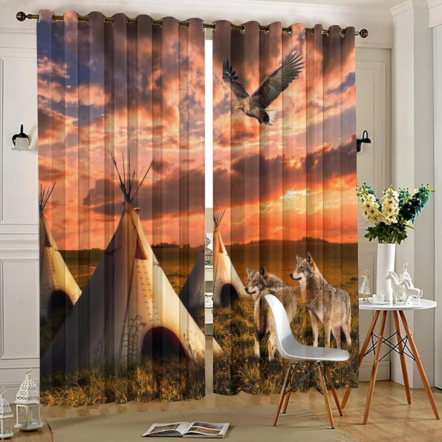 Tribal American Western Curtains,Rustic Western Grassland Tribal Sunset Tent Eagle Wolf Window Treatments Thermal Insulated Grommet Blackout Curtains for Bedroom 2 Panels 45L x 21W