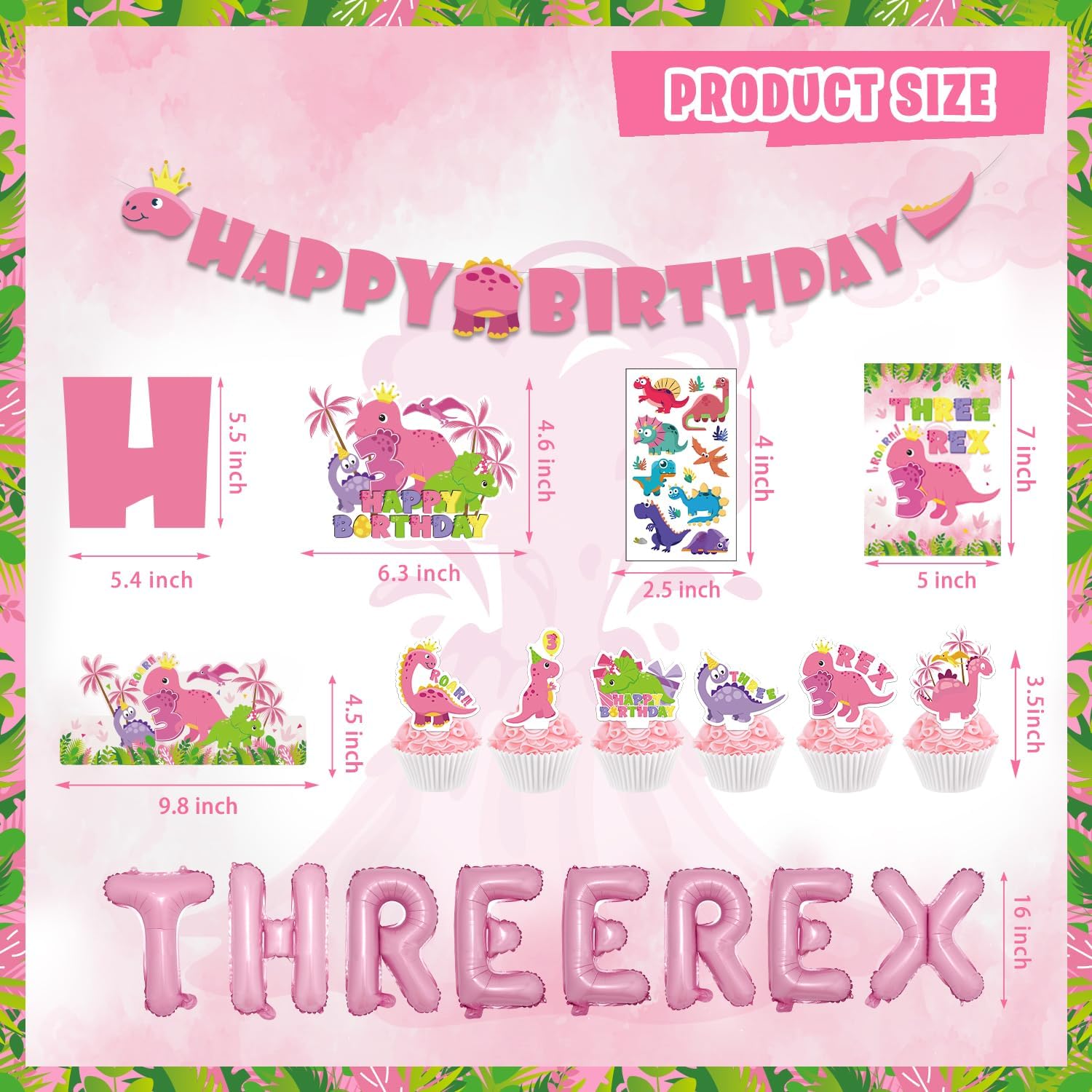 Girl Dinosaur 3rd Birthday Decorations for Girls, Three Dino Rex Pink Theme Party Decor Supplies - Backdrop, Banner, Tablecloth, Centerpieces, Temporary Tattoos, Fans Pompoms, Wall Signs