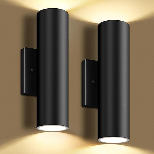 Paquete de 2 luces de pared para exteriores, aplique de pared exterior impermeable con cilindro integrado, 12 W, 1200 lúmenes, linterna de pared
