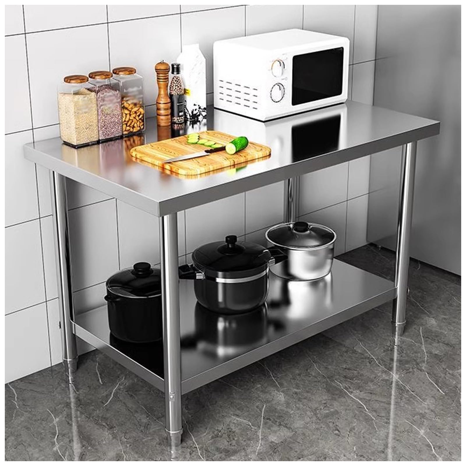 Robusto doppio banco da lavoro in acciaio inox, tavolo da cucina commerciale con ripiano aperto, ampio spazio per uso in fabbrica e all'aperto, design stabile in metallo