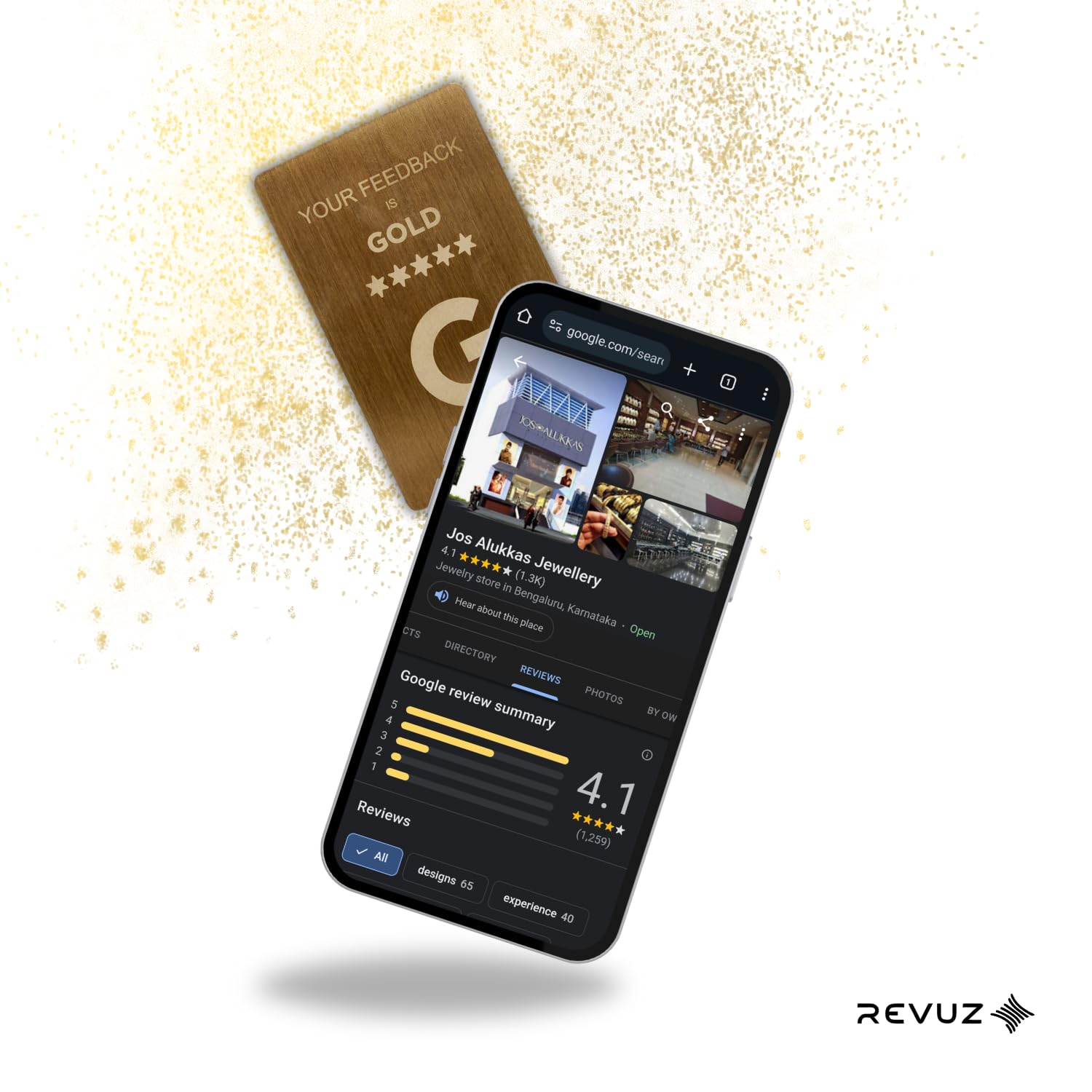 REVUZ NFC Online Review Card -Durable Metal, Contactless Share for Business Ratings, Portable, Easy Setup, Compatible with Smartphones (GOLDEN)