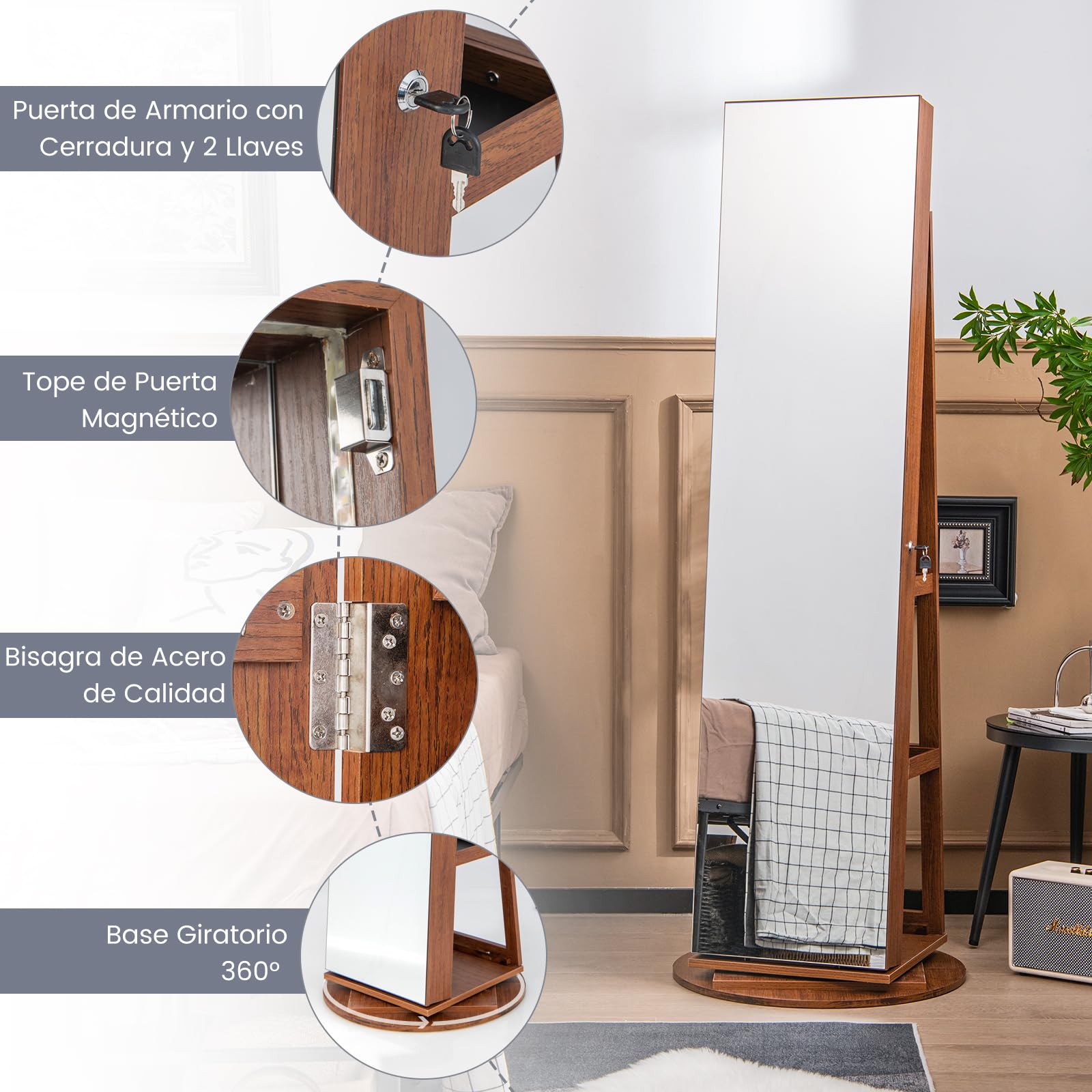 RELAX4LIFE Armario para joyas 3 en 1 con espejo LED giratorio 360° y 3 estantes (marrón)