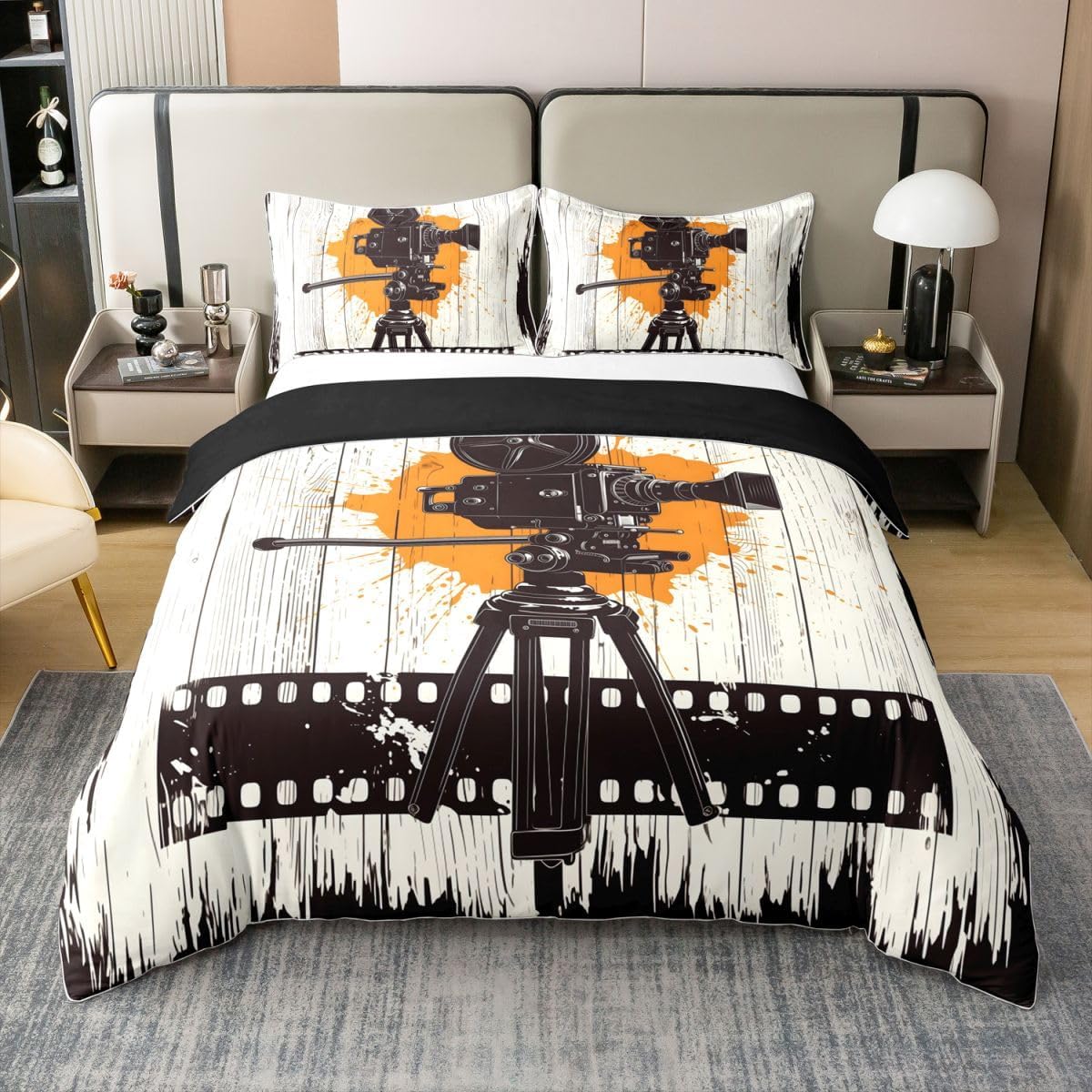 Erosebridal Movie Theater 100% Cotton Duvet Cover Full Size Camera Bedding Set for Kids Boys Girls Vintage Film Board Comforter Cover Retro Tripod Cinema Bedclothes