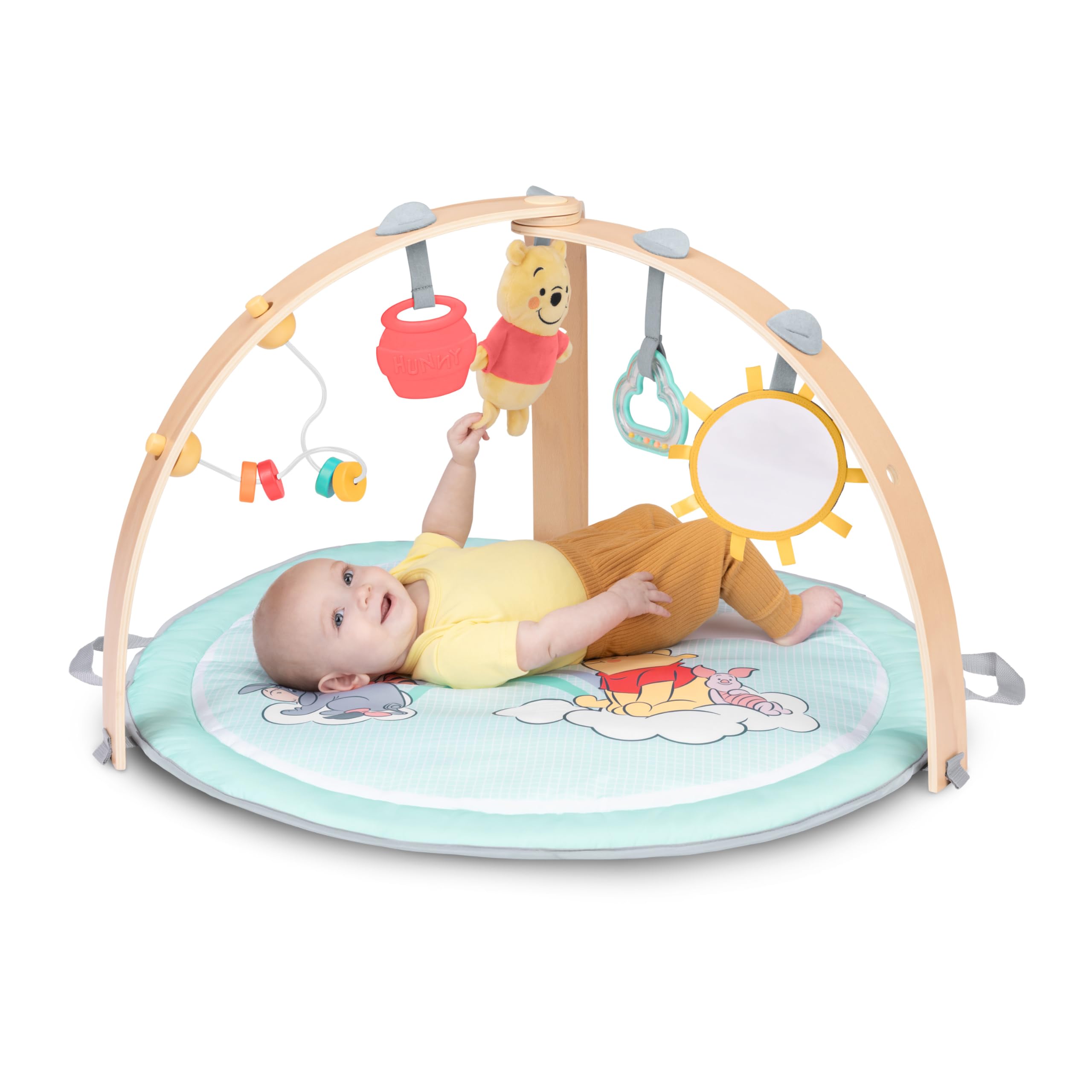 Bright Starts Disney Baby Winnie The Pooh Hunny Hangout Gimnasio de Actividades para bebé, cojín para el Tiempo Boca Abajo y Manta Reversible, 5 Juguetes incluidos, Unisex, Desde recién Nacido