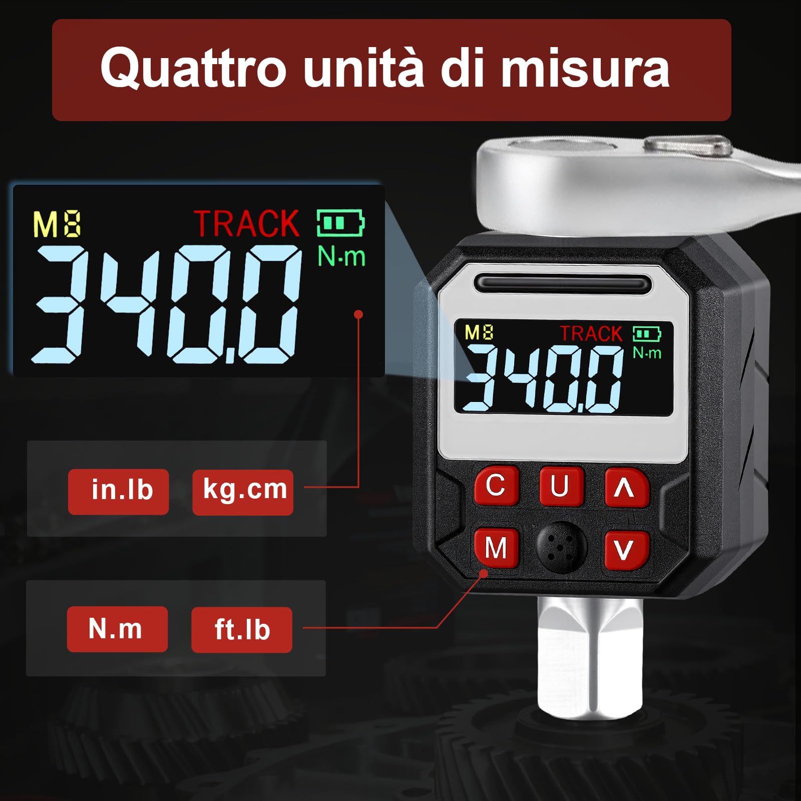 Adattatore Chiave Dinamometrica Digitale, 1/2" Chiave a Coppia Momento con Precisione ±2%, Display LED e Suoneria, Inclusi Adattatori 3/8" e 1/4", per Bici, Moto e Auto (17-340Nm)