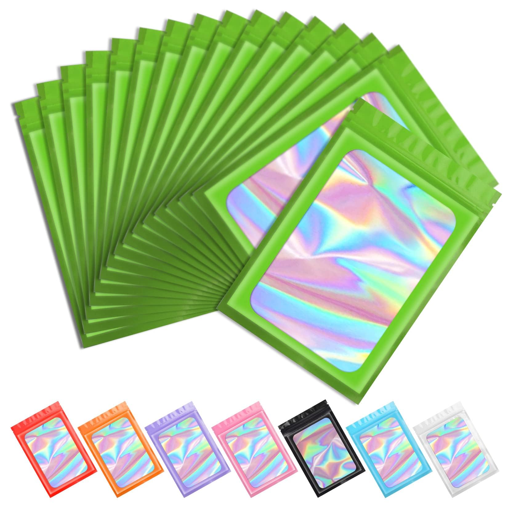Funfery 100pcs Green Mylar Holographic Bags Packaging Bags for Food Storage