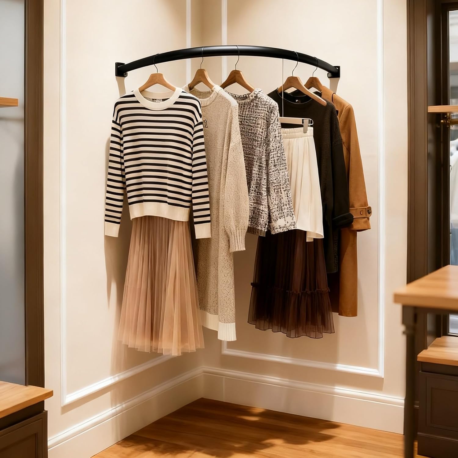 Heavy Duty Curved Corner Closet Rod, 2cm Thick Metal Wardrobe Pole for Clothing Display, Supports 44 lbs, Stylish Gold Finish, 50cm (19.5 in) Corner Organizer