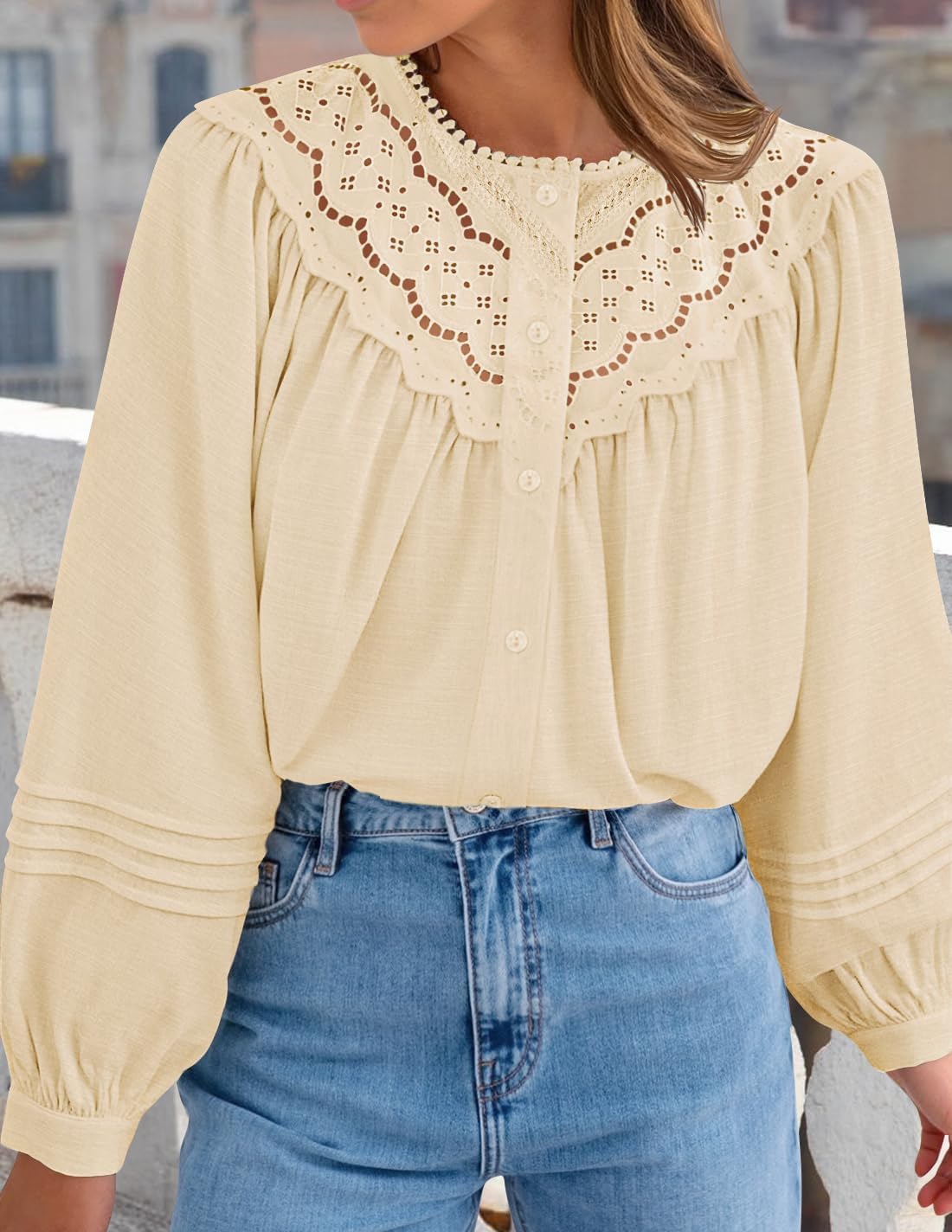 ZESICA 2026 Spring Summer Long Puff Sleeve Babydoll Tops for Women Lace Crochet Button Down Boho Victorian Shirts - Image 2