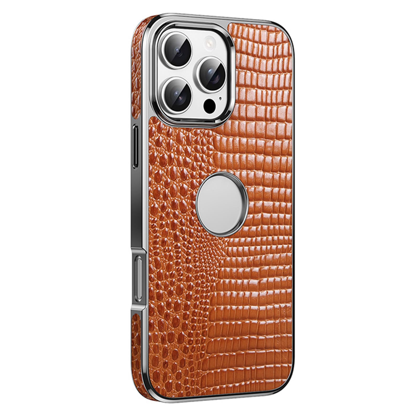 Etui z prawdziwej skóry do iPhone'a 16 Pro Max/16 Pro/16, lekka luksusowa tekstura krokodyla magnetyczne bezprzewodowe etui ładujące, logo, puste, brązowe, 16 Pro