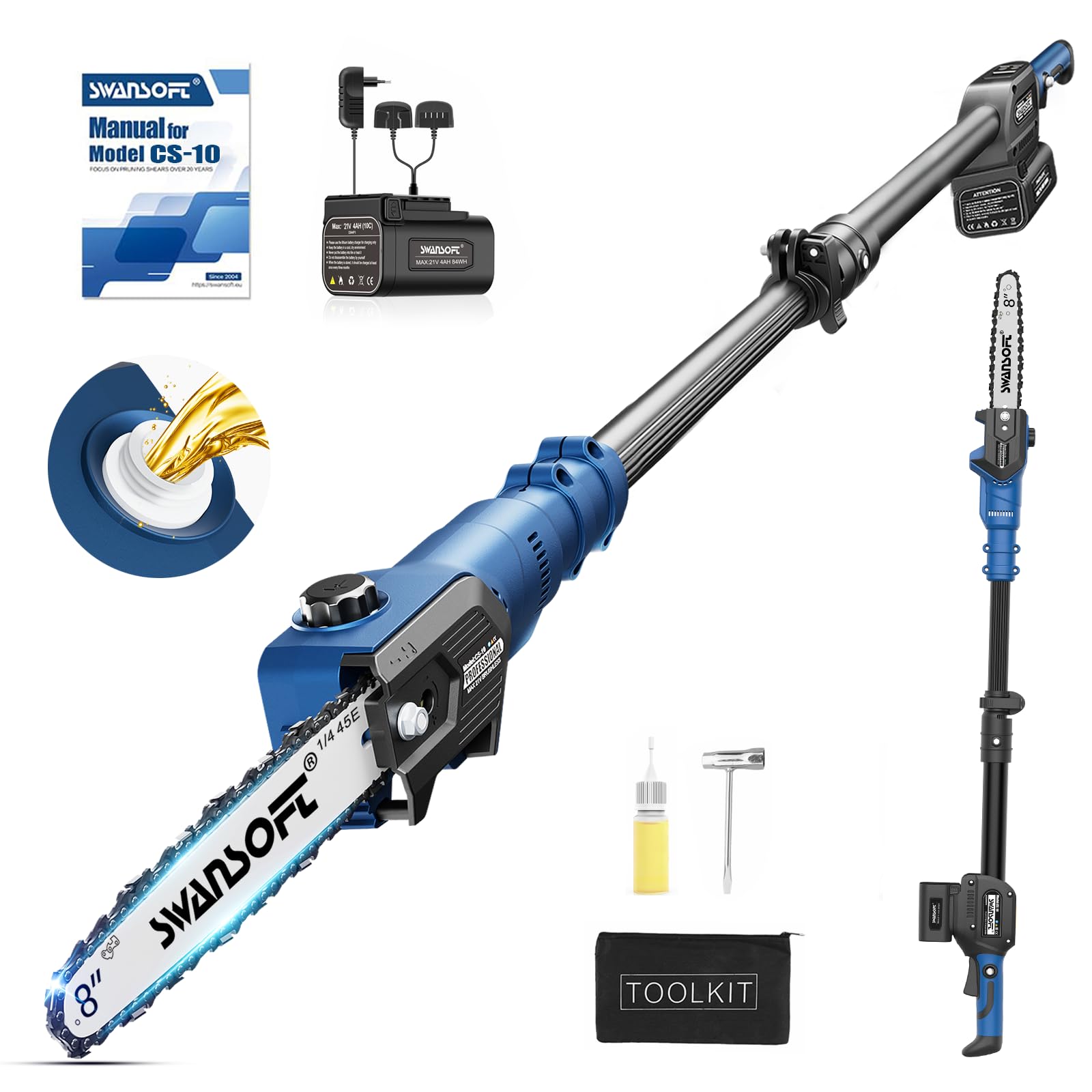SWANSOFT Motosega telescopica a batteria da 8''(20cm), 600 W/2 x 21V 4000 mAh, professionale, Lubricación Automática, 10m/s (CS-10)