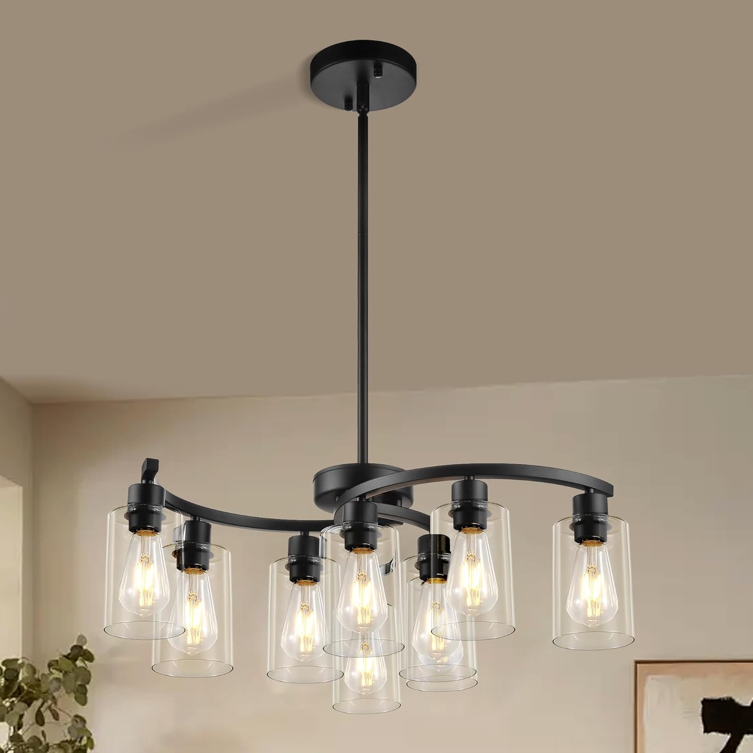 Sigaitwei 9-Light Modern Farmhouse Chandelier，29.5" Black Dining Room Light Fixture，Industrial Pendant Lights Kitchen Island,Metal Bracket with Downward Clear Glass Shade