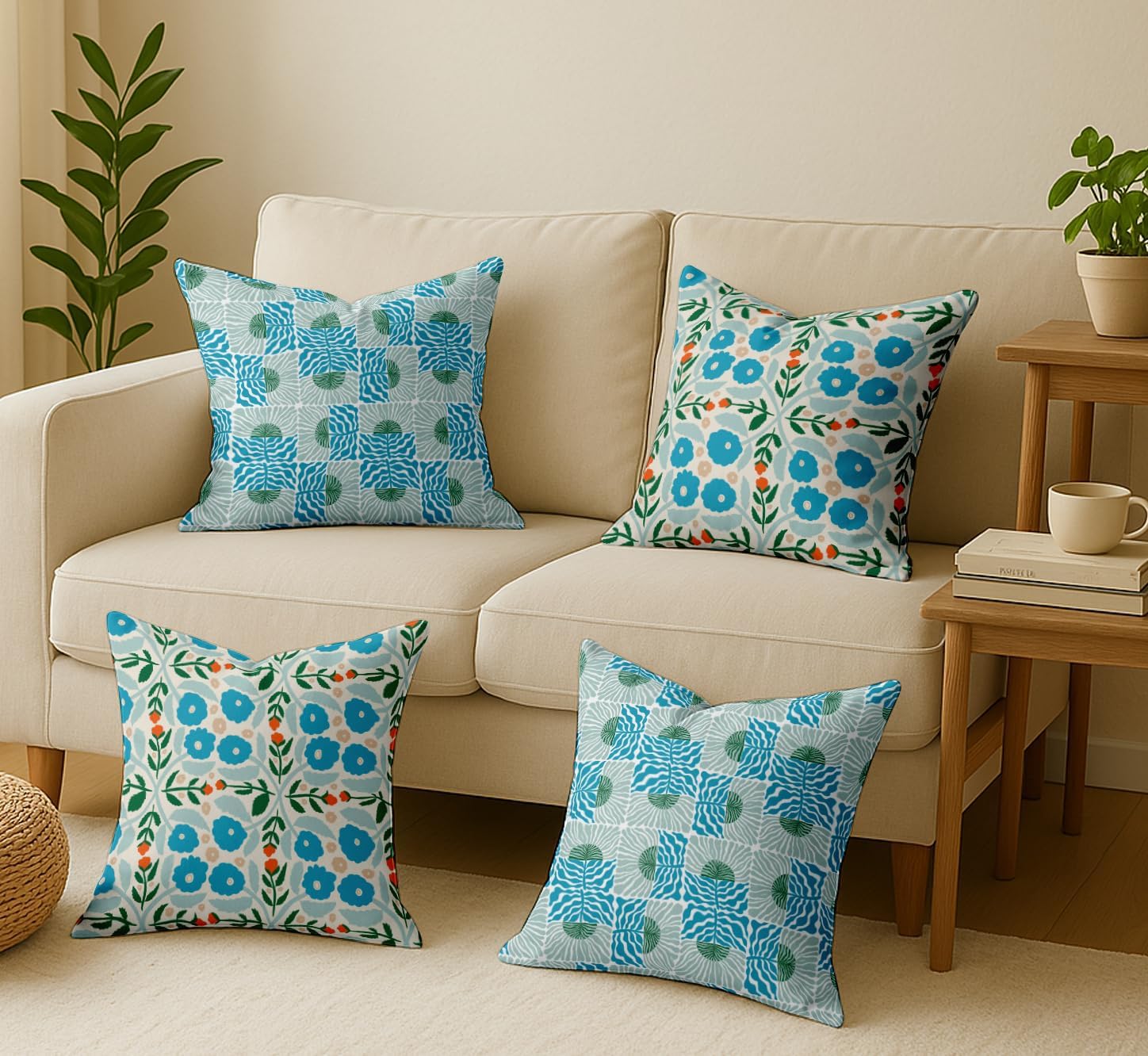 Set of 4 16x16 Inch Pillow Covers - 100% Cotton, Decorative Watercolor Print, Double-Sided Print with Concealed Zipper - Filler Not Included - Turquoise