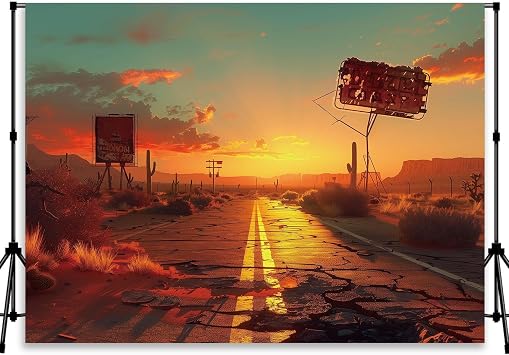 Post Apocalyptic Desert Highway Backdrop Cracked Road Sunset Billboard Photo Background Retro Wasteland Style Party Banner Photo Booth Studio PropsYUNBSJ114