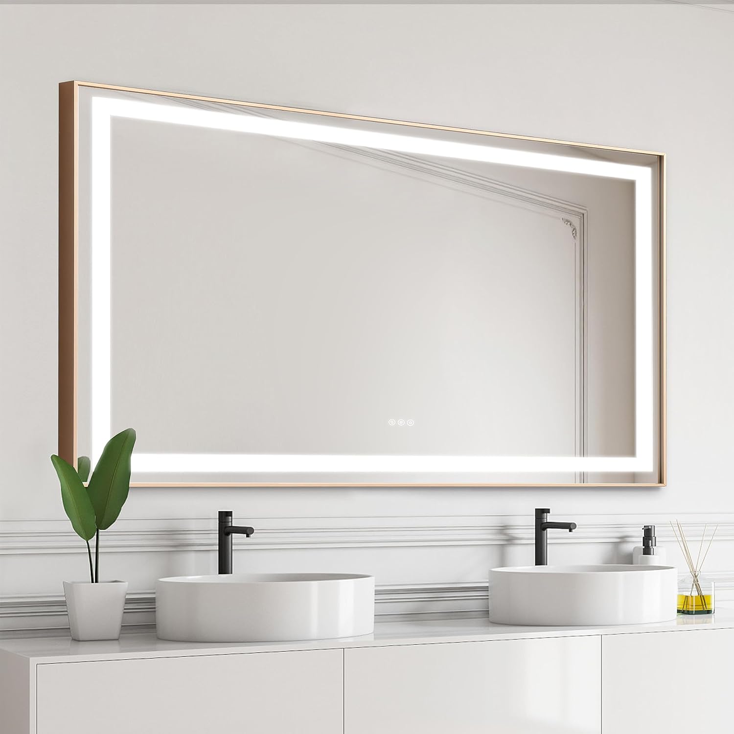LifeSky Framed LED Bathroom Mirror - 84x48 inch Dimmable Anti Fog Large Lighted Bathroom Mirrors - Wall Mounted Front Lit LED Vanity Mirror Gold Frame