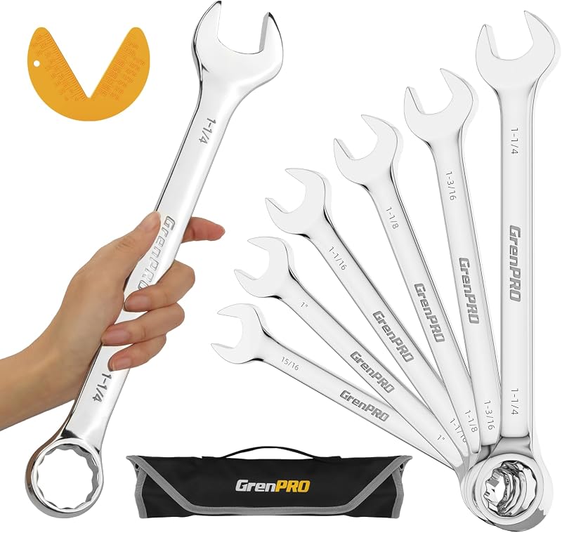 GRENPRO 7PC SAE Large Wrench Set Combination Open End Wrench Big Wrenches | Includes 15/16" 1" 1-1/16" 1-1/8" 1-3/16" 1-1/4" Long Wrenches, 15° Offset 12pt Box End, Roll-Up Pouch & Gauge, CR-V Steel