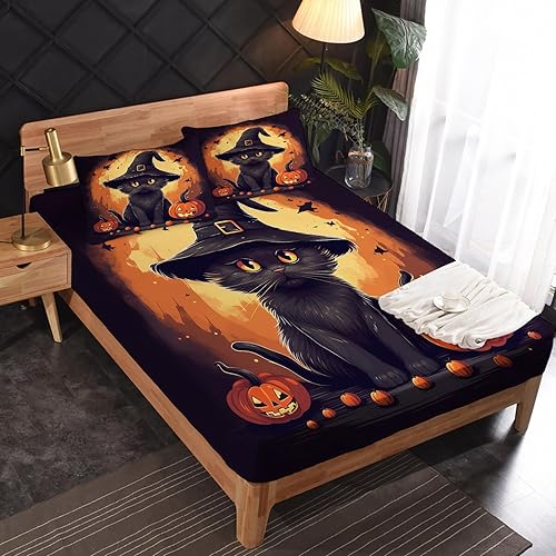 Miniatura 2 de Juego de sábanas de Halloween tamaño Queen, sábanas de calabaza de gato negro para niños y niñas, juego de sábanas temáticas de Halloween con sábana
