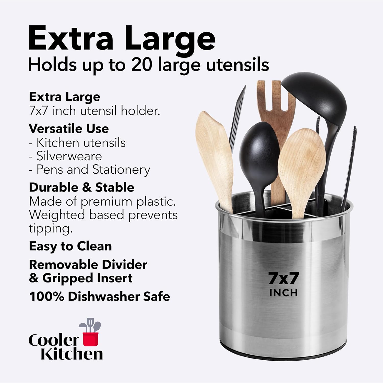 Cooler Kitchen Rotating Extra Large Stainless Steel Utensil Holder Caddy with Sturdy No-Tip Weighted Base, Removable Divider, and Gripped Insert Bottom -Dishwasher Safe Metal Cooking Utensil Holder