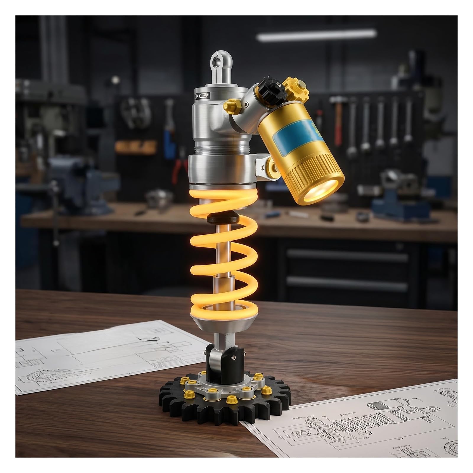 Lampa biurkowa w kształcie amortyzatora (druk 3D) – lampka nocna LED w stylu industrialnym ze sterowaniem dotykowym, zasilana bateriami (3x AA); idealna do pokoju gracza lub garażu