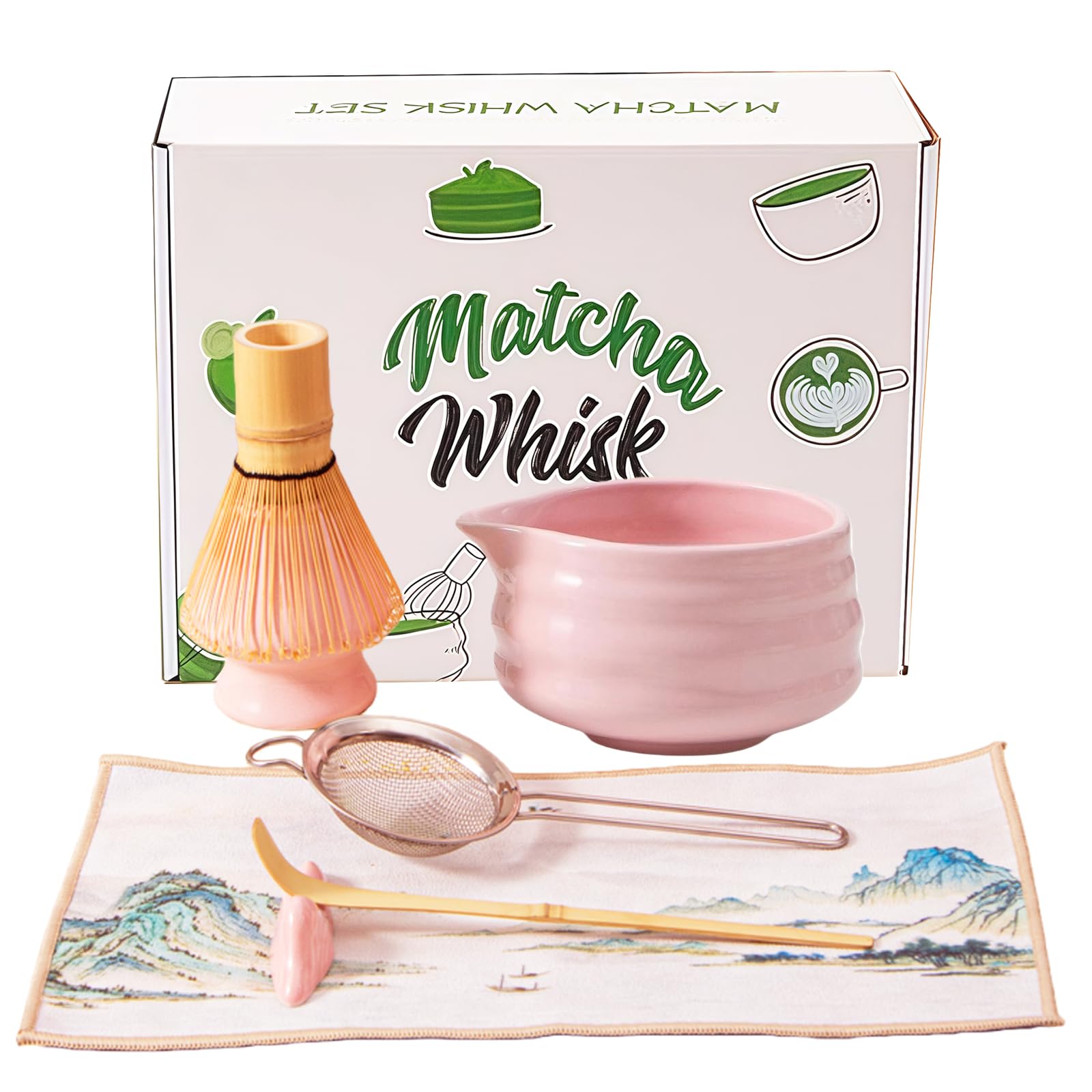 Matcha Set Pink 7 Pieces with Matcha Whisk, Matcha Bowl with Spout, Sieve, Whisk Holder, Bamboo Spoon, Spoon Holder, Dish Towel Matcha Set Gift Matcha Tea Sets for Matcha Lovers and Mothers