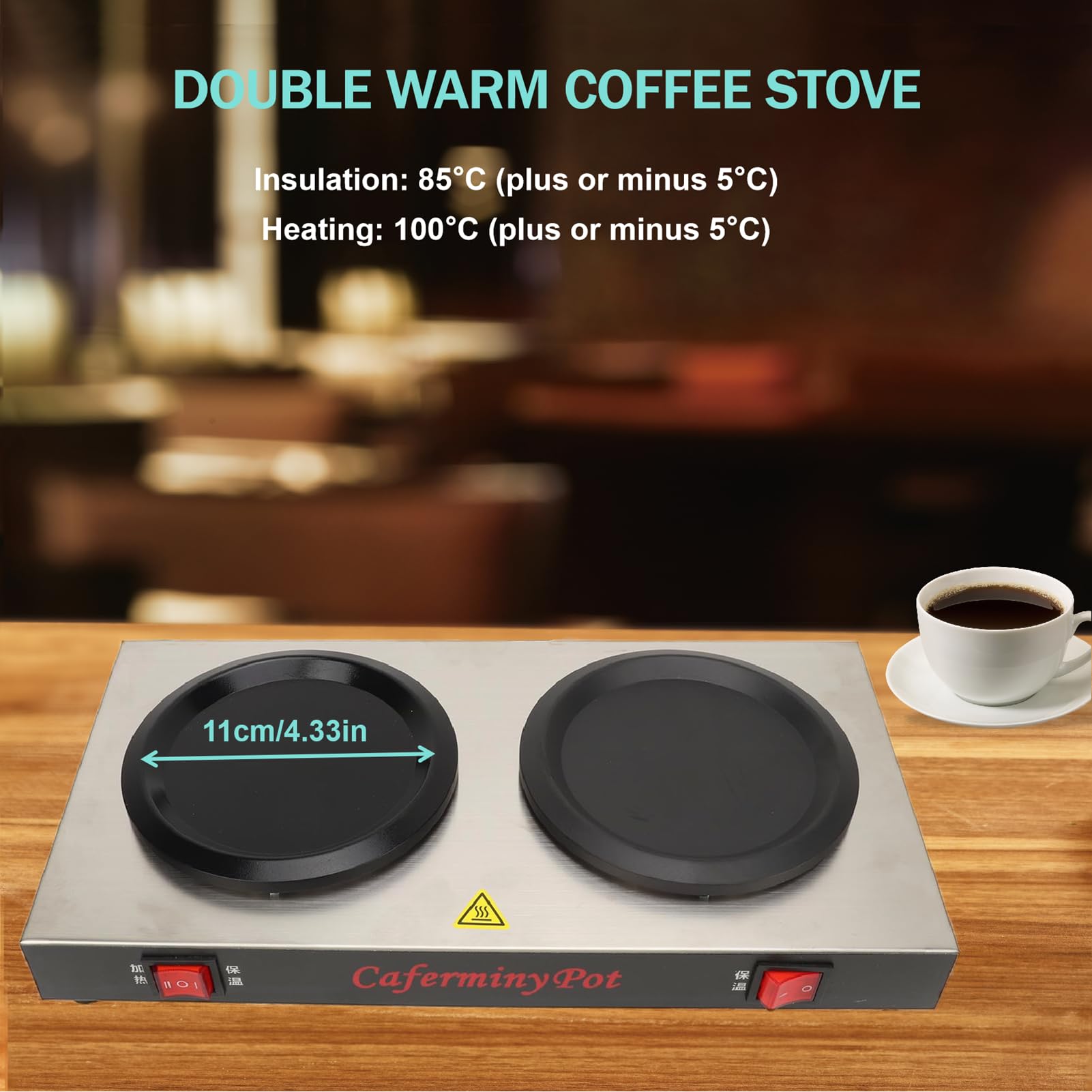 Commercial Coffee Warmer, Double Decanter Warmer Plate, Stainless Steel Coffee Stove for Cocoa Tea Water Milk, 65-80°C Portable Warmer for Cafe, Break Room, Buffet (US