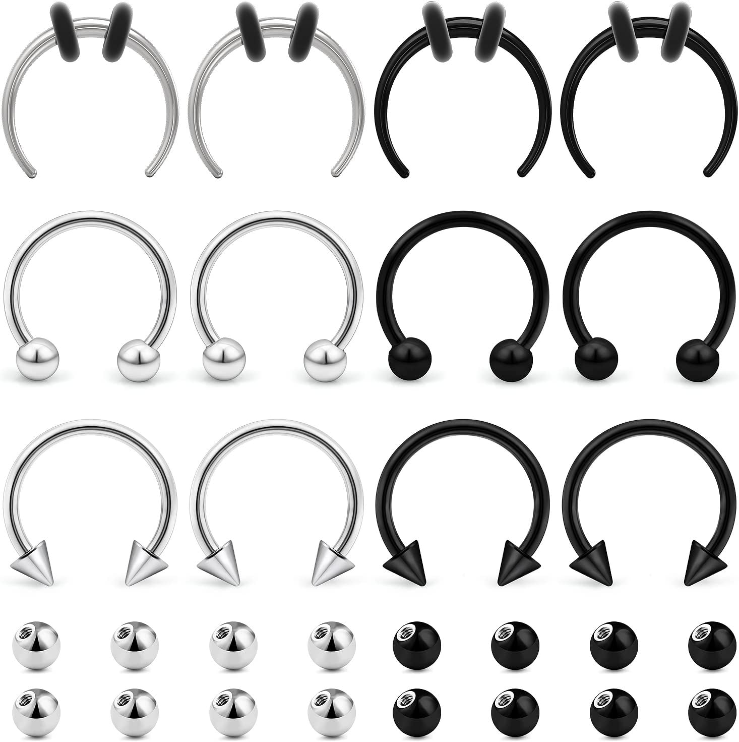 Dyknasz 12Pcs Septum Rings 16g & 14g - Surgical Steel Septum Jewelry - Horseshoe Barbell & Hoops for Women & Men - 16Pcs Extra Replacement Balls