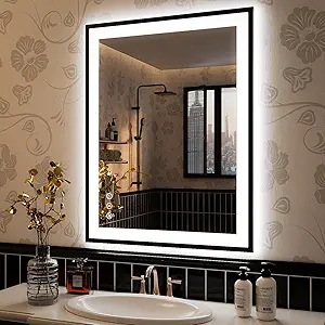 ISKM Framed LED Mirror for Bathroom 32"x24", Dimmable LED Bathroom Mirror with Lights, Anti-Fog, Front and Backlit Lighted Mirror 3-Colors, Shatterproof, Memory Function