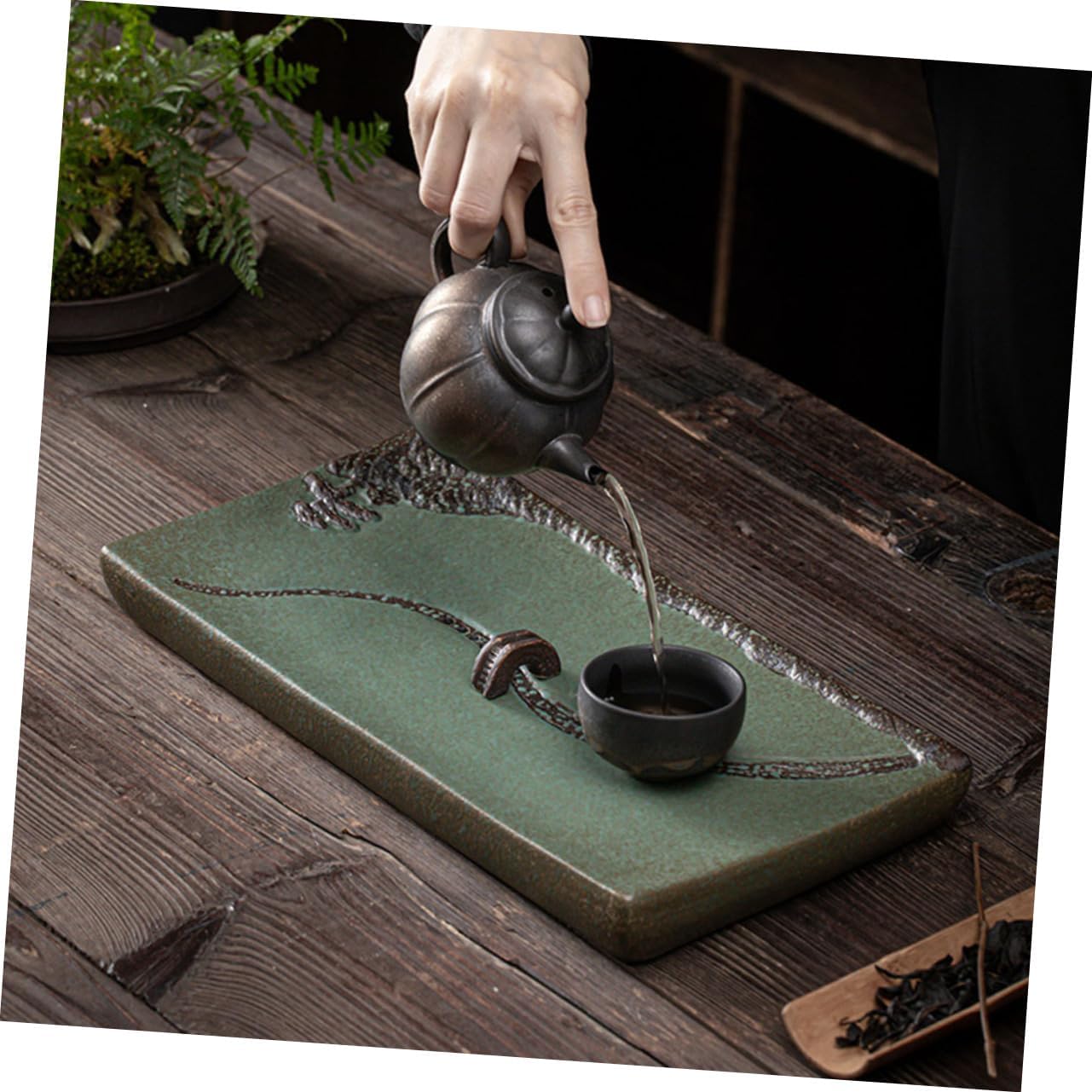 Ceramic Tea Serving Tray Dual Drainage Design Rectangular Water Storage for Home Use Vintage Teapot Holder Wear-Resistant Tea Table Ornament
