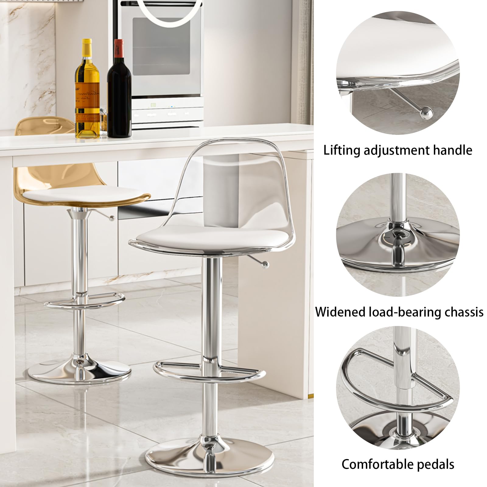 Tabourets de bar pivotants avec dossier, pieds en métal, design transparent – Tabourets de comptoir modernes pour îlot de cuisine et bar de petit déjeuner, sièges de table pour salle à manger