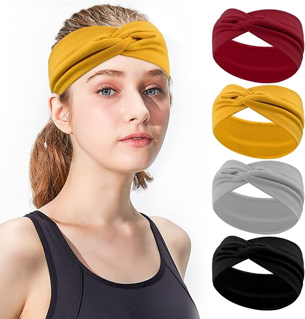 Zsanhua Headbands for Women 4 Pieces Yoga Sport Elastic Wide Head Scarf Stretchy Yoga Head Wrap Wide Twisted Hairband Boho Headband Hair Accessories for Girls and Women(4 Colors)