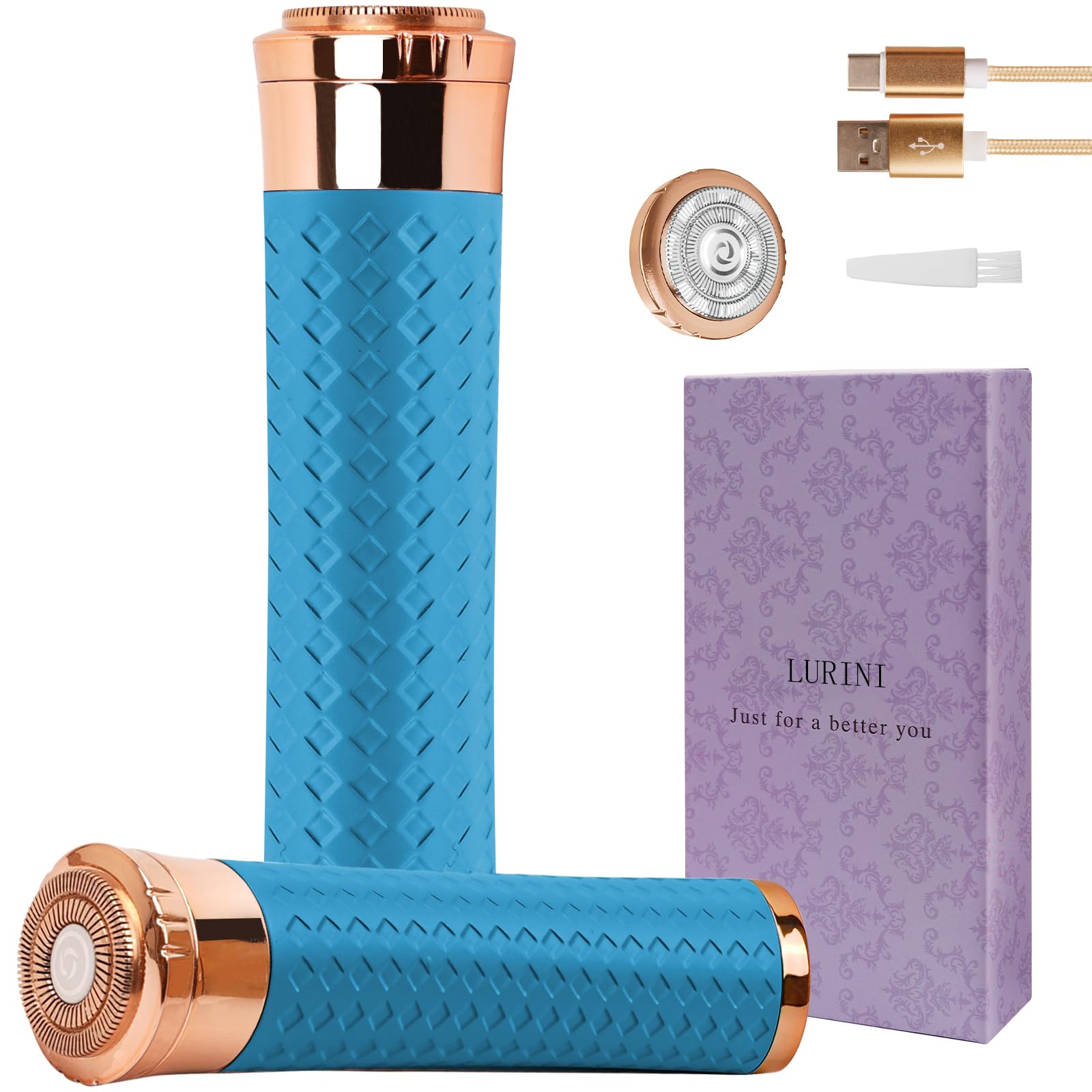 Lurini Facial Hair Remover for Women, Painless Rechargeable Hair Removal Device, Comes with 2 Replacement Heads, Portable Electric Shaver/Razors for