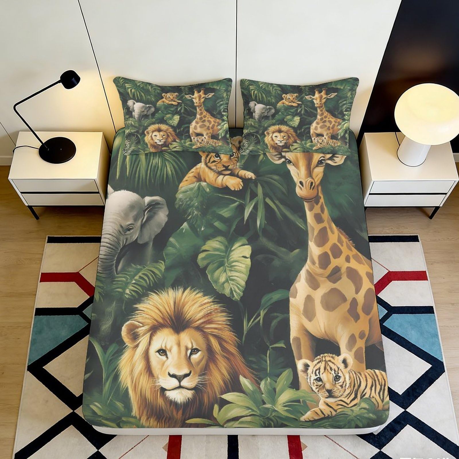 3D Printed Jungle Animal Fitted Sheet Microfiber Soft Breathable Safari Wildlife Bed Cover for Bedroom Dormitory Guest Room Mattress Protection Decor 180x200x25cm