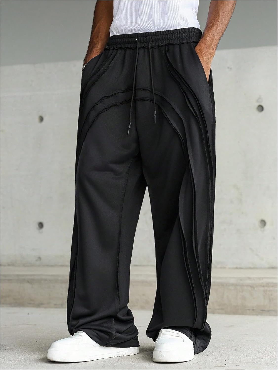 Men's Wide Leg Baggy Sweatpants Seaming Drawstring Stacked Athletic Track Pants with Pockets - Image 5