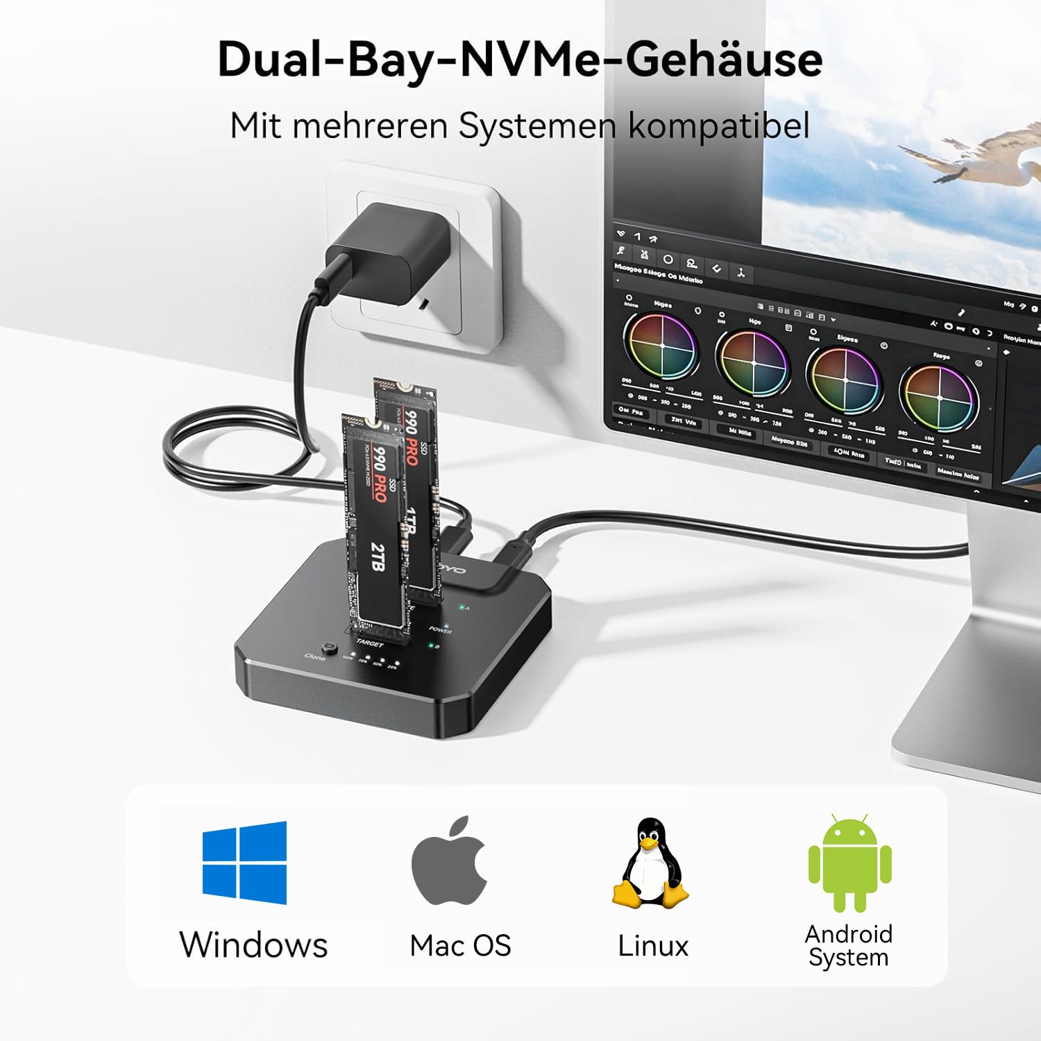 NVMe M.2 Clone SSD Gehäuse 20Gbps USB 3.2 Gen2X2, Dual Bay M.2 NVMe Docking Station mit Offline Klonen für schnellen PC-Upgrade, Systemmigration & Datenbackup, kompatibel mit 2230/2242/2260/2280