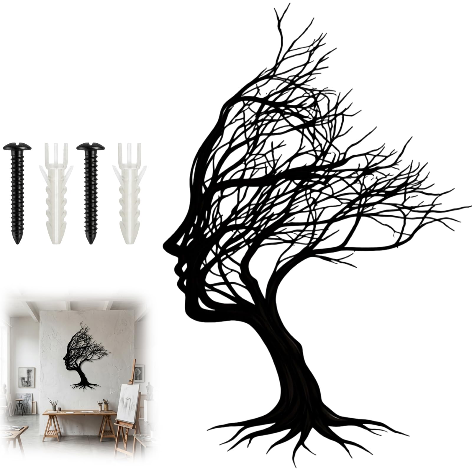 QhgPnt Black Wall Art, Metal Wall Art for Living Room, Tree of Life Wall Art, Tree of Life Women Face Wall Hanging Sculpture, Modern Black Wall Art for Living Room (30x21cm)