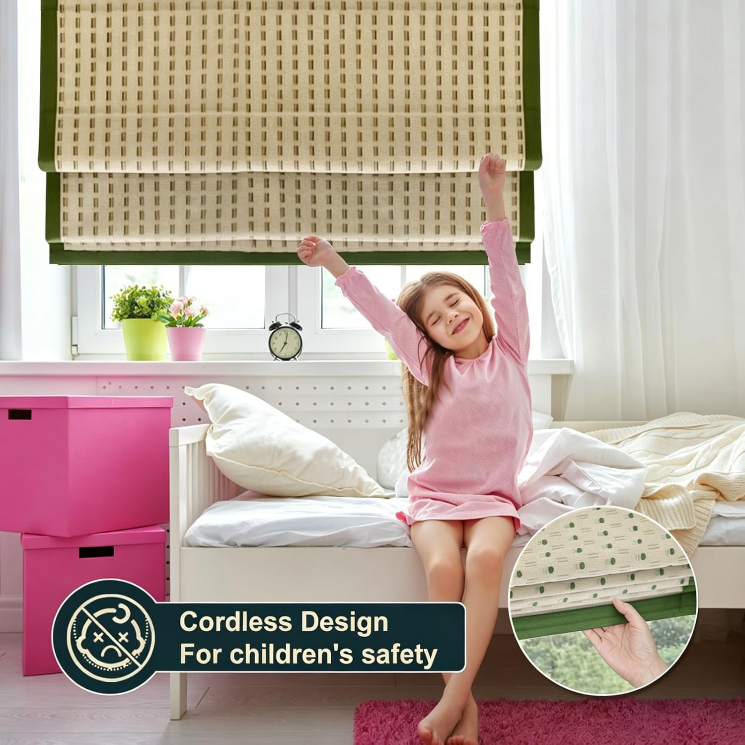 LANTIME Cordless Window Roman Shades, No Drill Easy Install, Soft and Weighted Jacquard Fabric, Made to Order Child Safe Window Blinds, Green