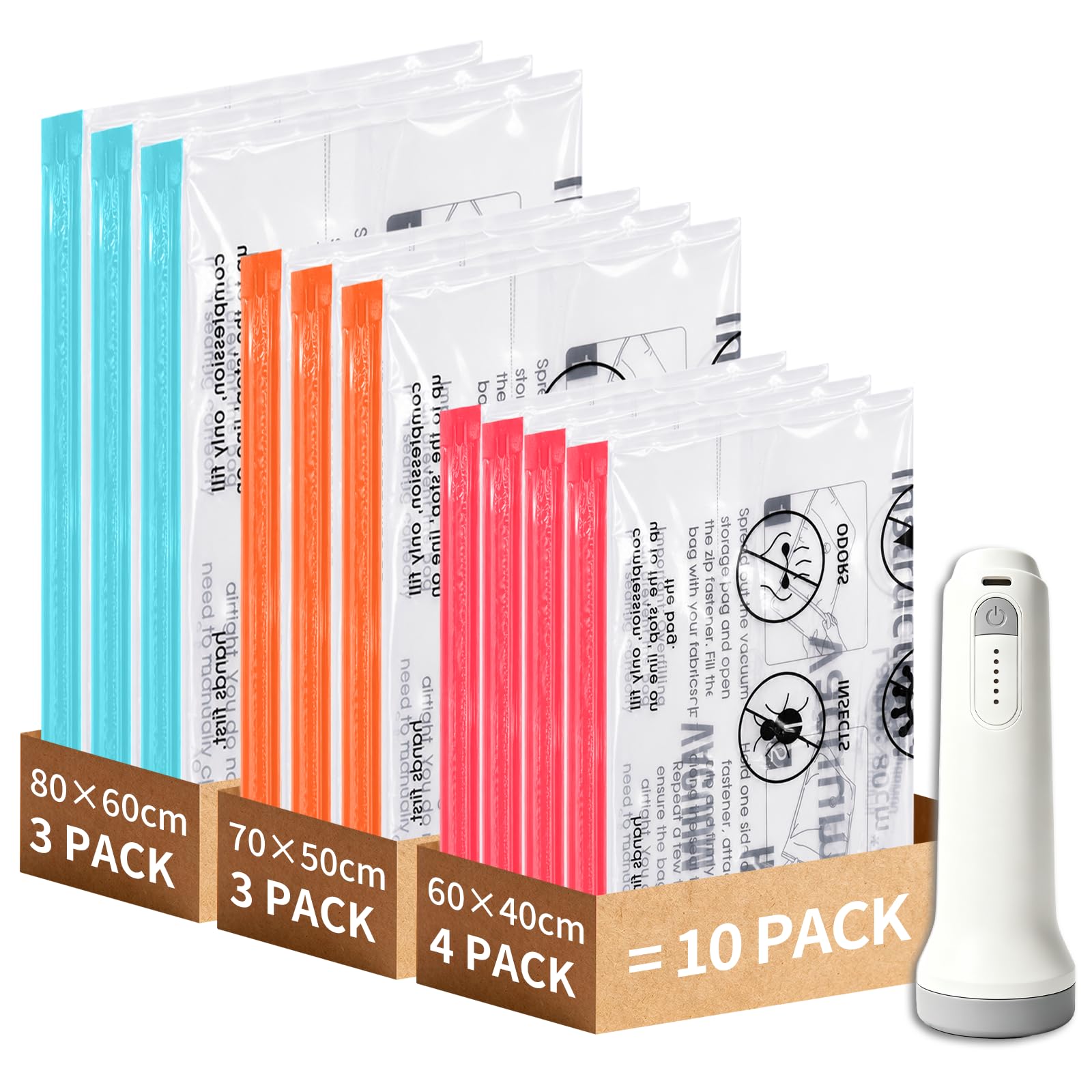 Vacuum Storage Bags for Clothes with Pump, 10 Pack Compression Seal Bags