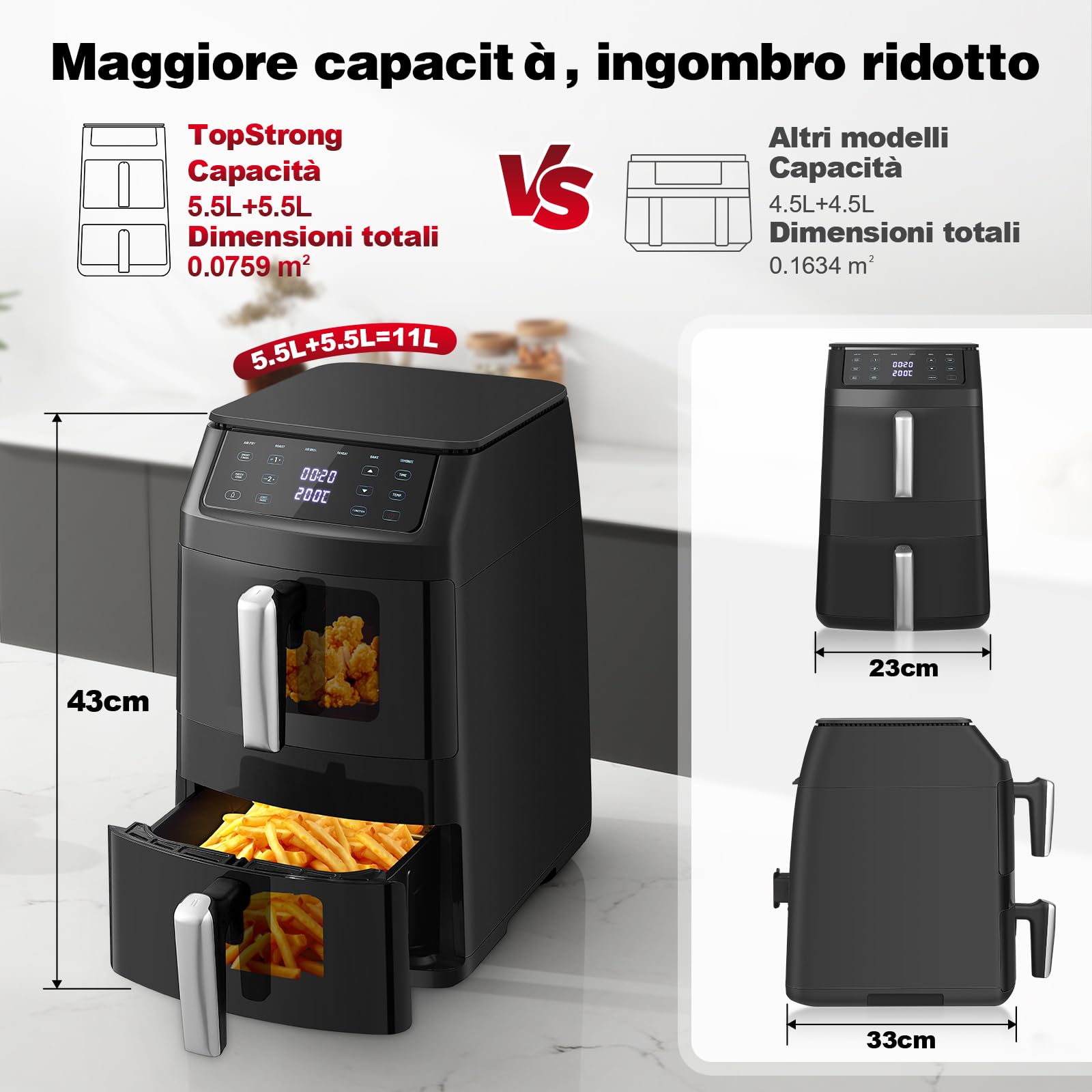 TopStrong Friggitrice ad Aria Doppio Cestello, 11 Litri Air Fryer Verticale 2 Cestelli con Finestra, 40-220℃, 6 Funzioni, Compatta, 2500W, Fino a 8 Persone, Componenti Lavabili in Lavastoviglie