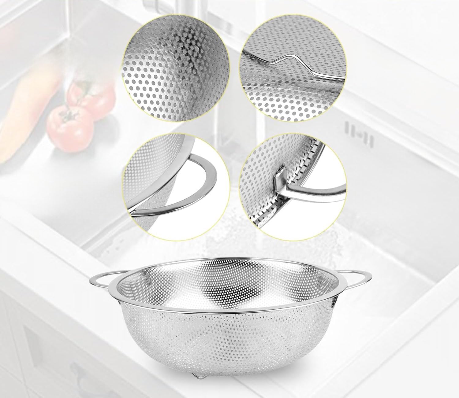 Scolapasta in acciaio inox da 3 litri, colino in metallo con base, colino per alimenti da cucina, lavabile in lavastoviglie