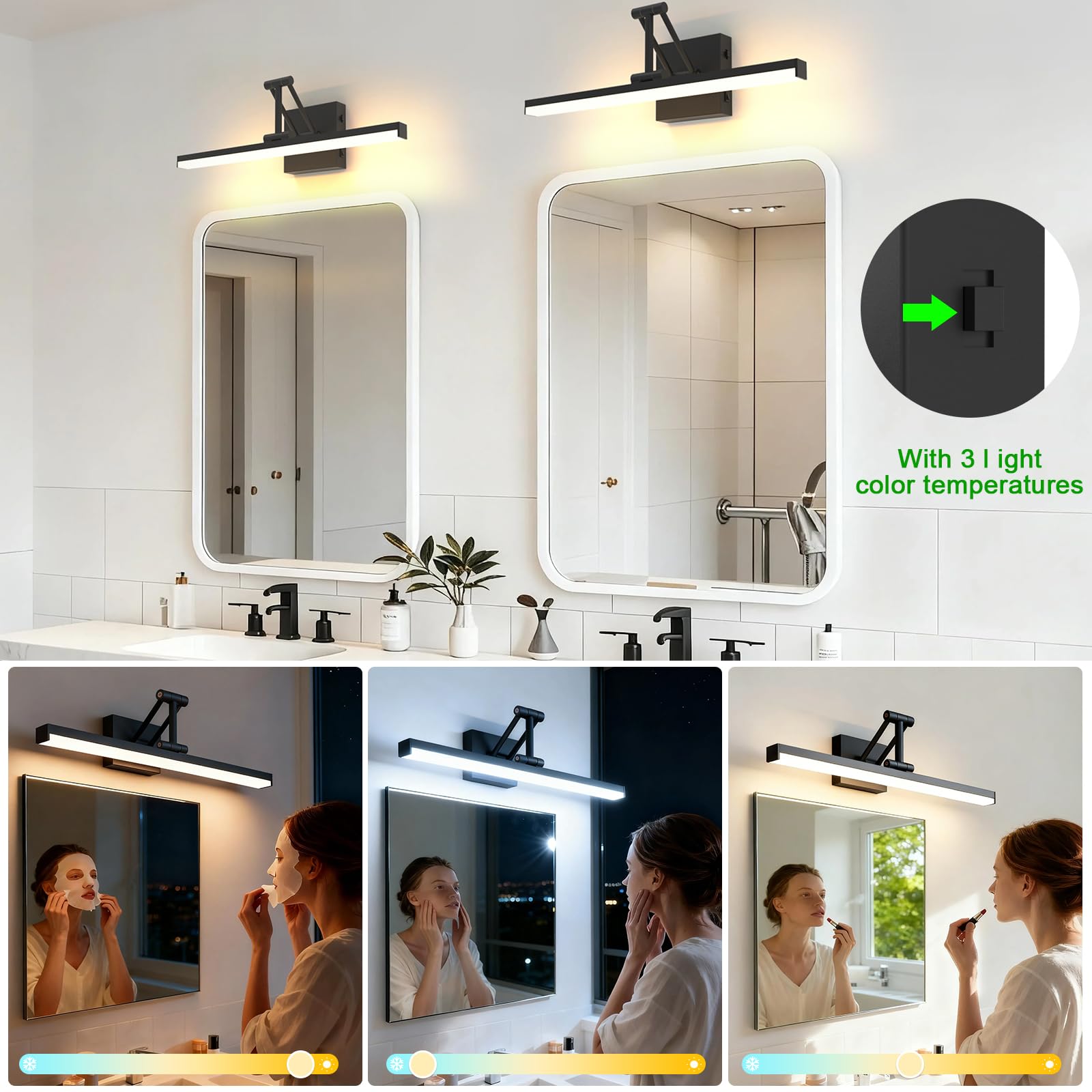 Sytmhoe Nero 12W Luce Da Specchio Bagno 3000K 4500K 6000K Con Interruttore, 48,5 CM Alluminio Applique Per Specchiera Bagno Con Staffa Telescopica, Illuminazione Quadri Lampada Camera Da Letto