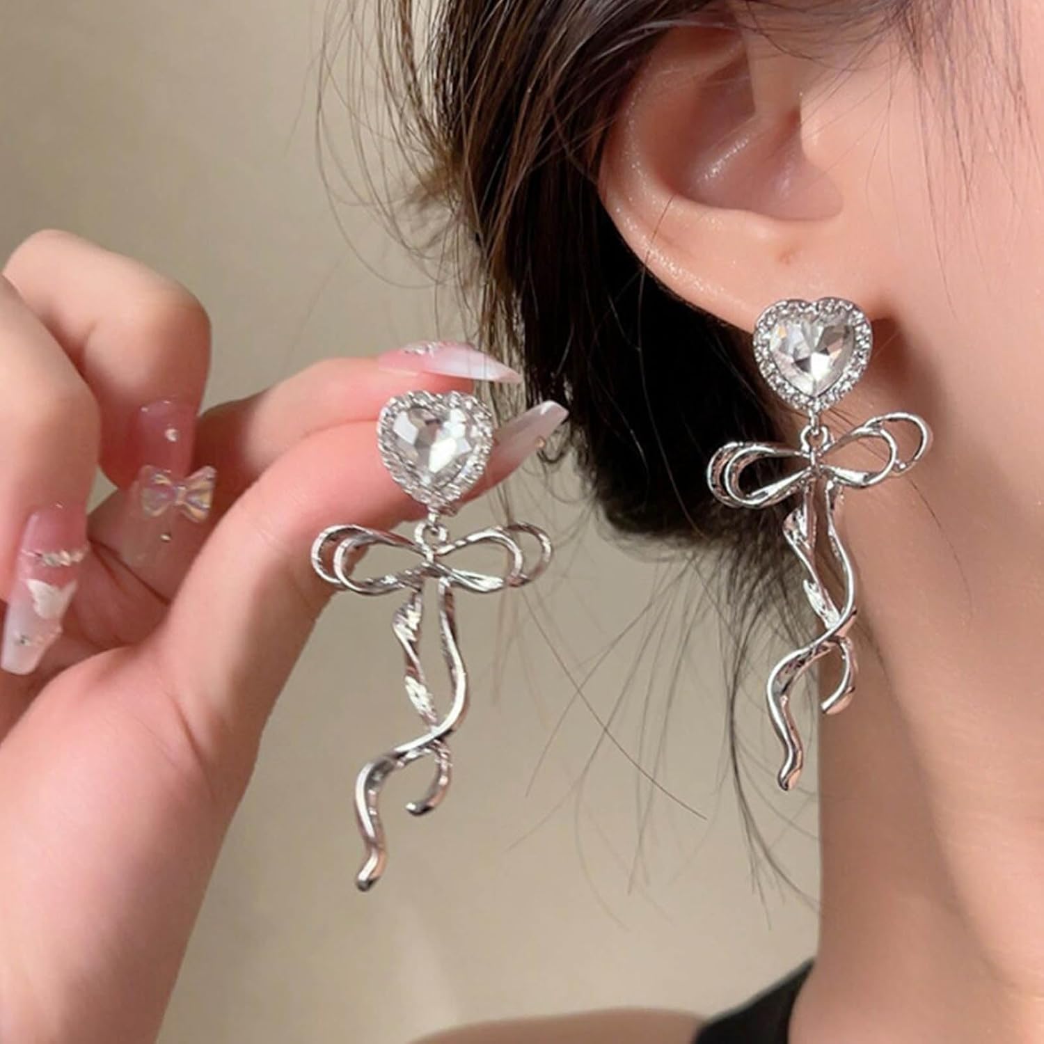 Boho Crystal Heart Earrings Long Bow Dangle Earrings Silver Bow Drop Earrings Rhinestone Heart Dangling Earrings Sparkly Bridal Wedding Earrings Jewelry for Women - Image 5