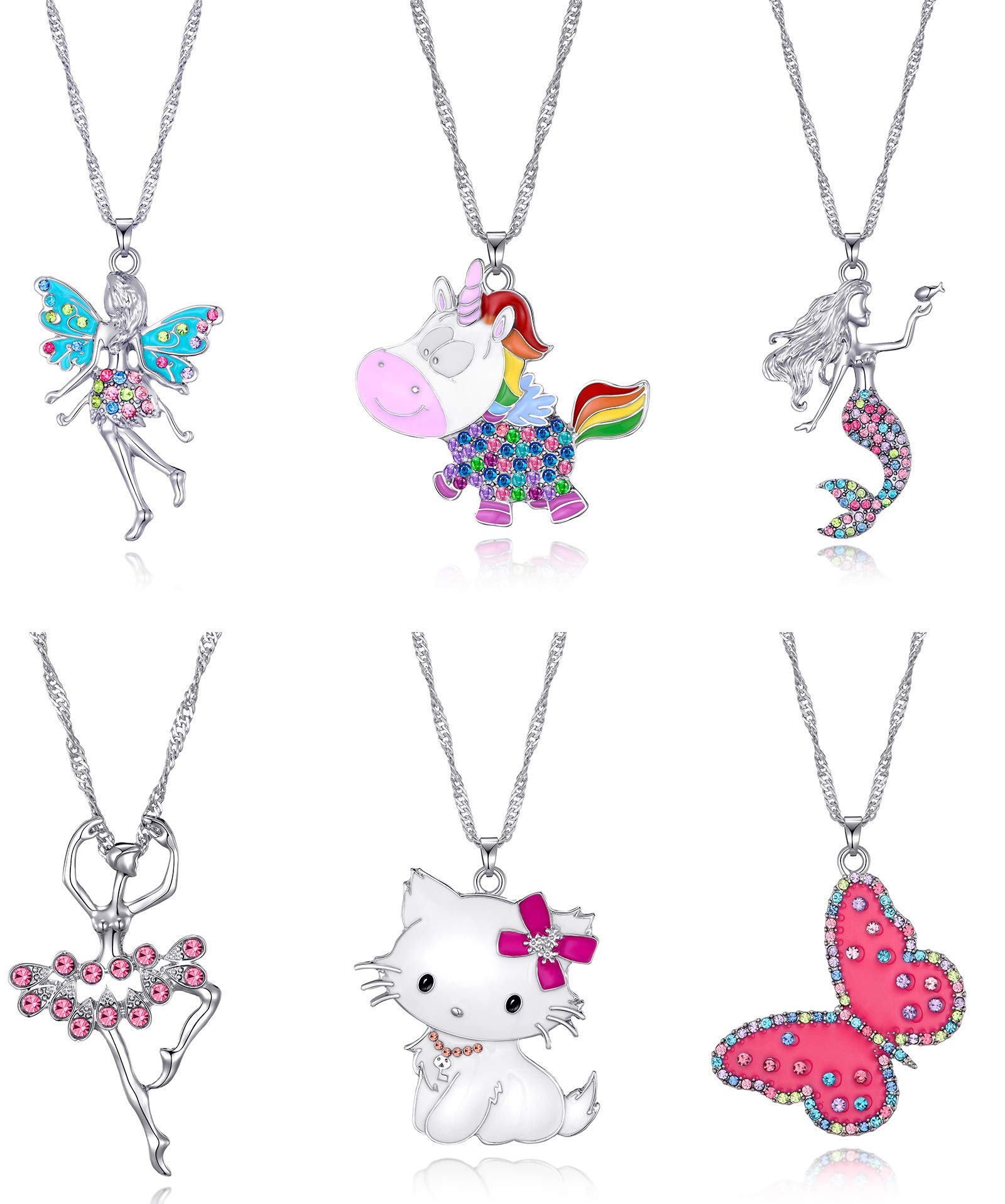 SYNLIN Cute Necklaces for Teen Girls - Adorable Pastel Crystal Necklace for Little Girls - Unicorn and Fairy Gifts - Dainty Necklace Birthday Gift Pack (3/6 Pcs)